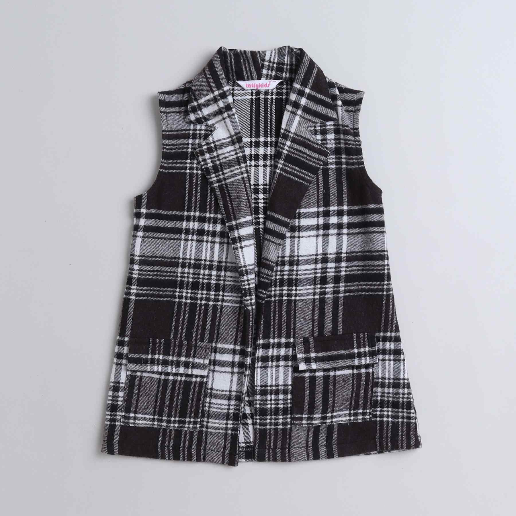 plaid sleeveless long jacket with matching skirt and full sleeves crop top set-Black/Orange