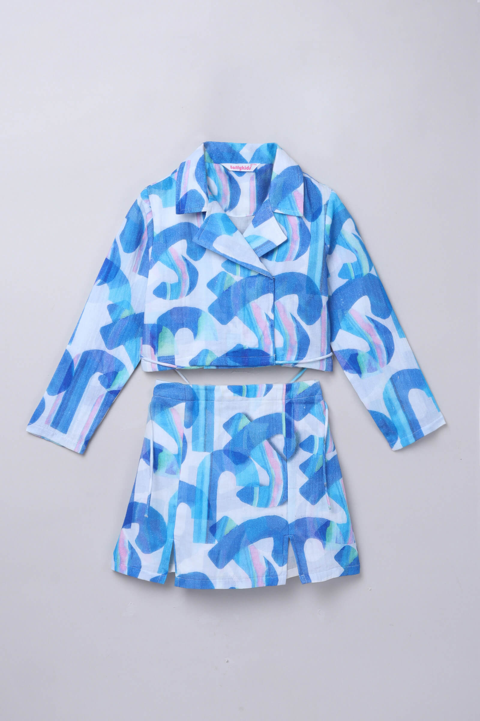 100% cotton Full sleeves abstract printed Wrap crop blazer with matching slit detail skirt set- white & blue