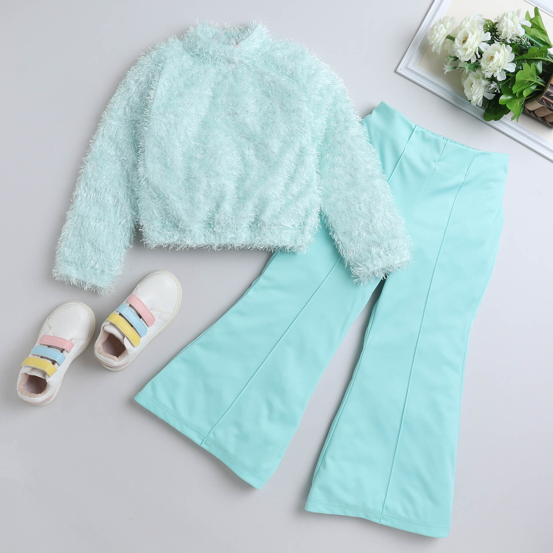 fur full sleeves party sweatshirt and solid pant set-Green/Aqua