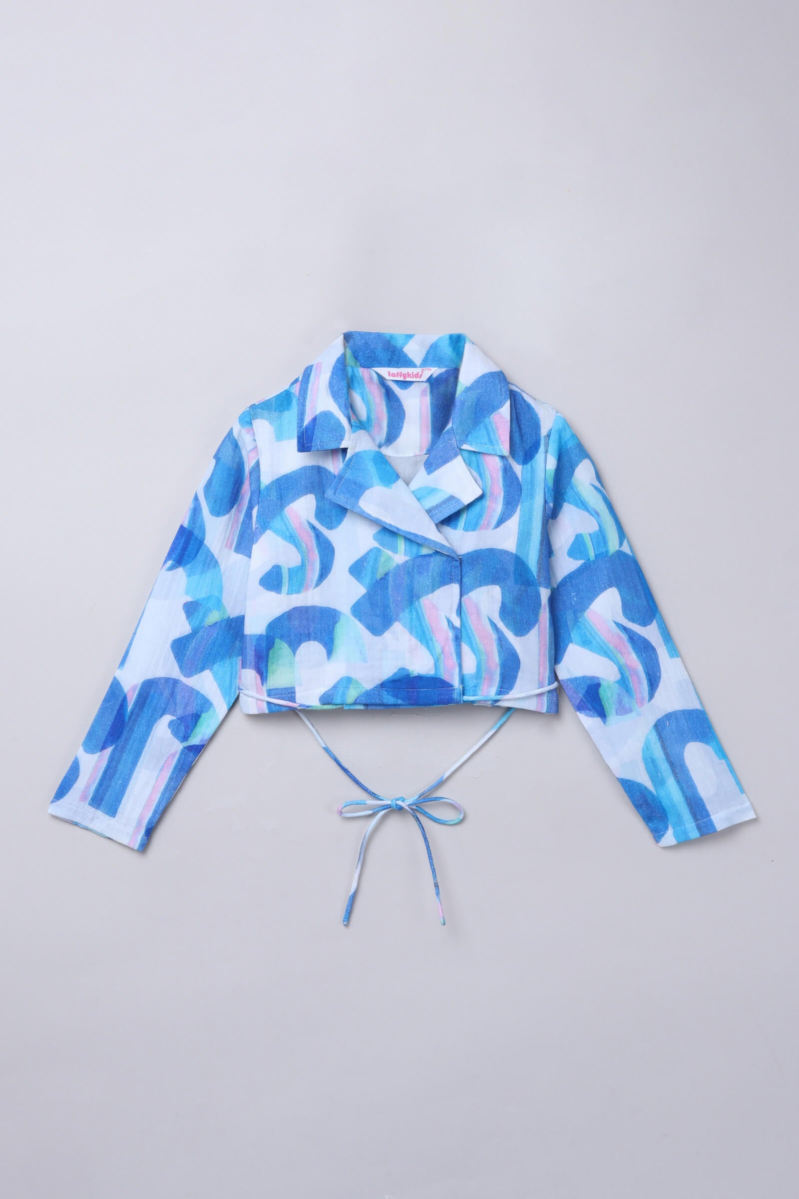 100% cotton Full sleeves abstract printed Wrap crop blazer with matching slit detail skirt set- white & blue