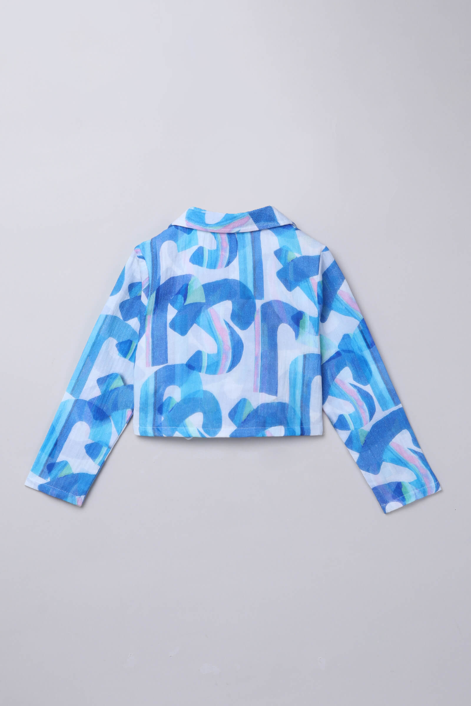 100% cotton Full sleeves abstract printed Wrap crop blazer with matching slit detail skirt set- white & blue