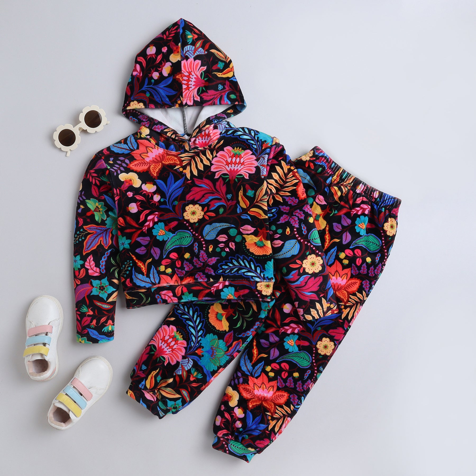 floral printed full sleeves zip up hoodie with matching jogger