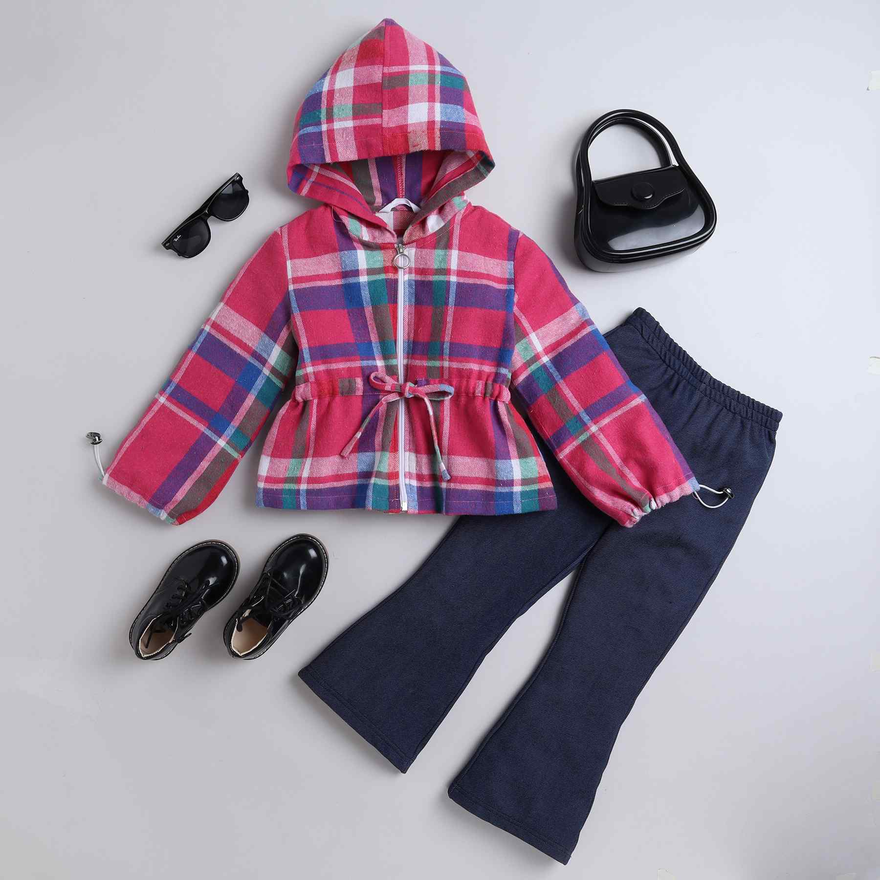 Flannel full sleeves hooded zip up jacket and denim pant set-Multi