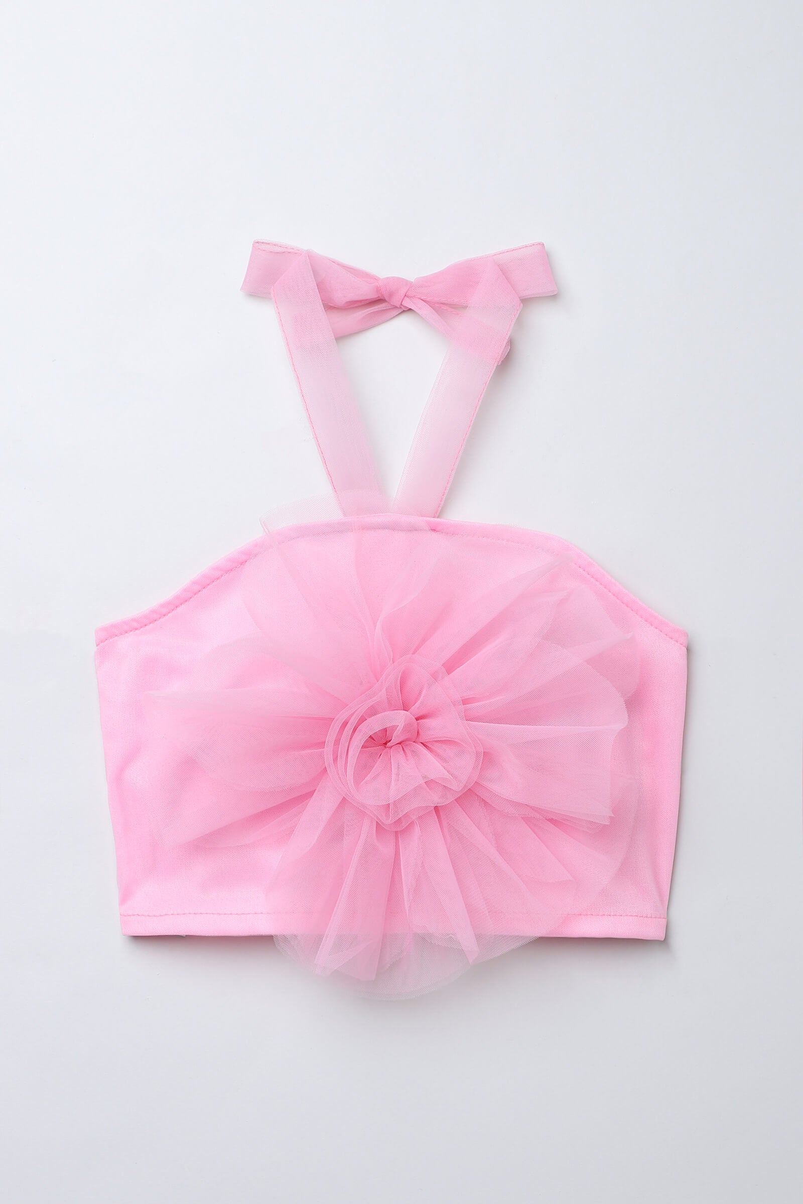Net knit sleeveless rose applique Party crop top-Pink