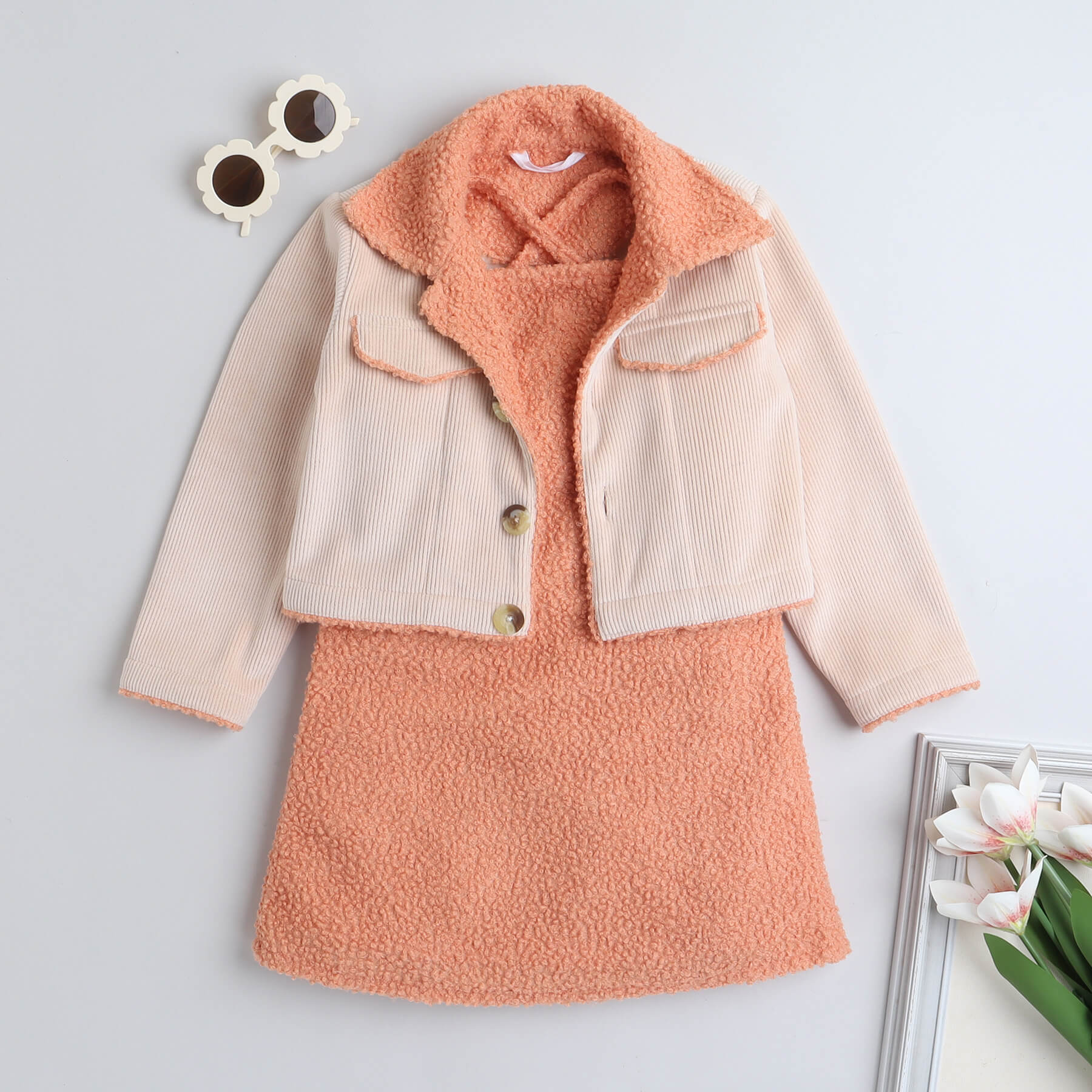 Textured collar full sleeves winter jacket with A-line singlet dress-Cream/Orange