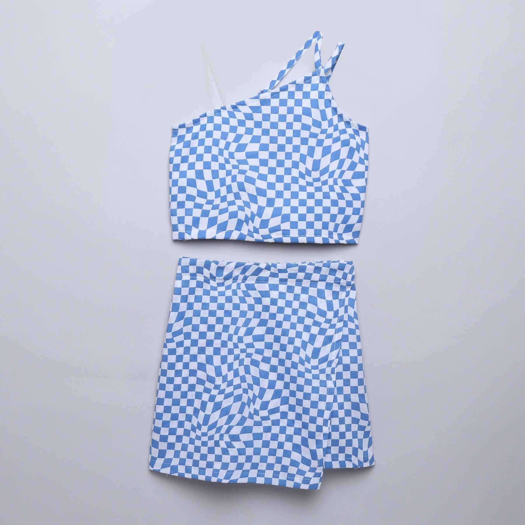 100% cotton sleeveless asymmetric neck checked print crop top and matching skirt co-ord set-Blue & White