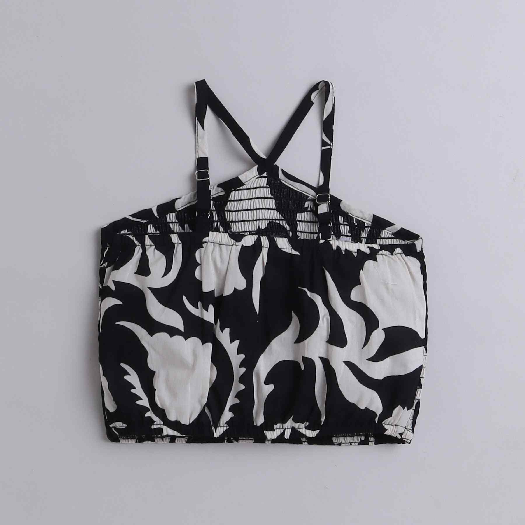 floral printed sleeveless Halter neck smoked crop top-Black/White