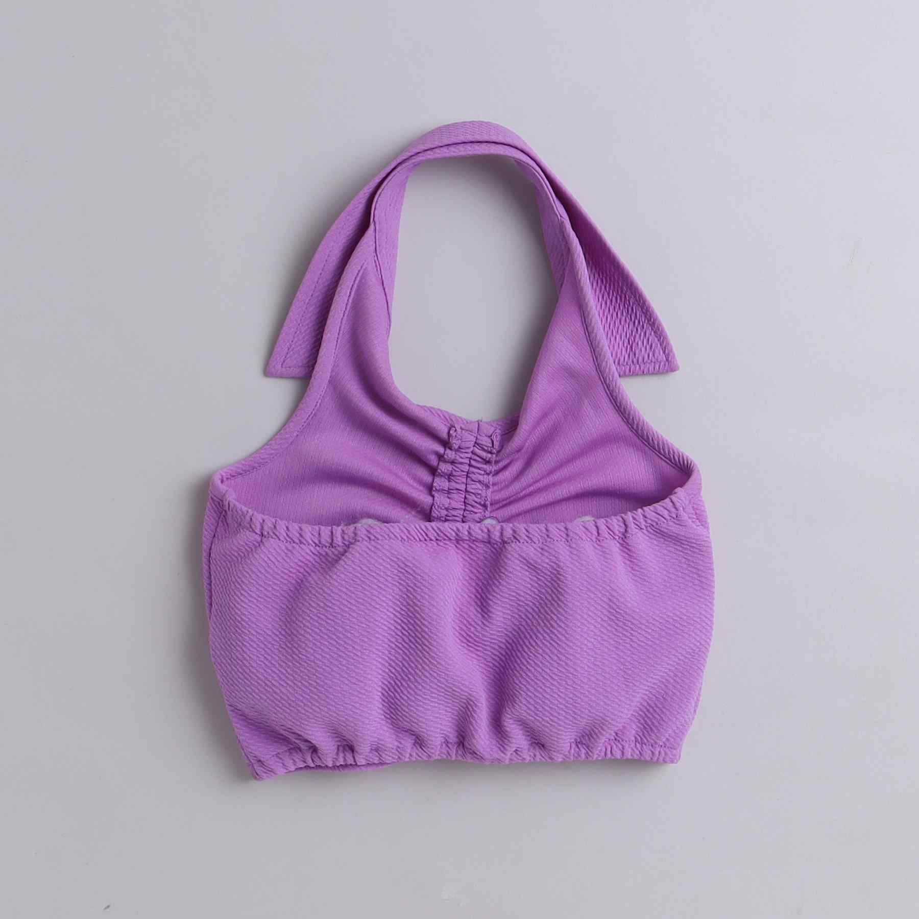 front ruched collar detail halter neck textured crop top-Purple