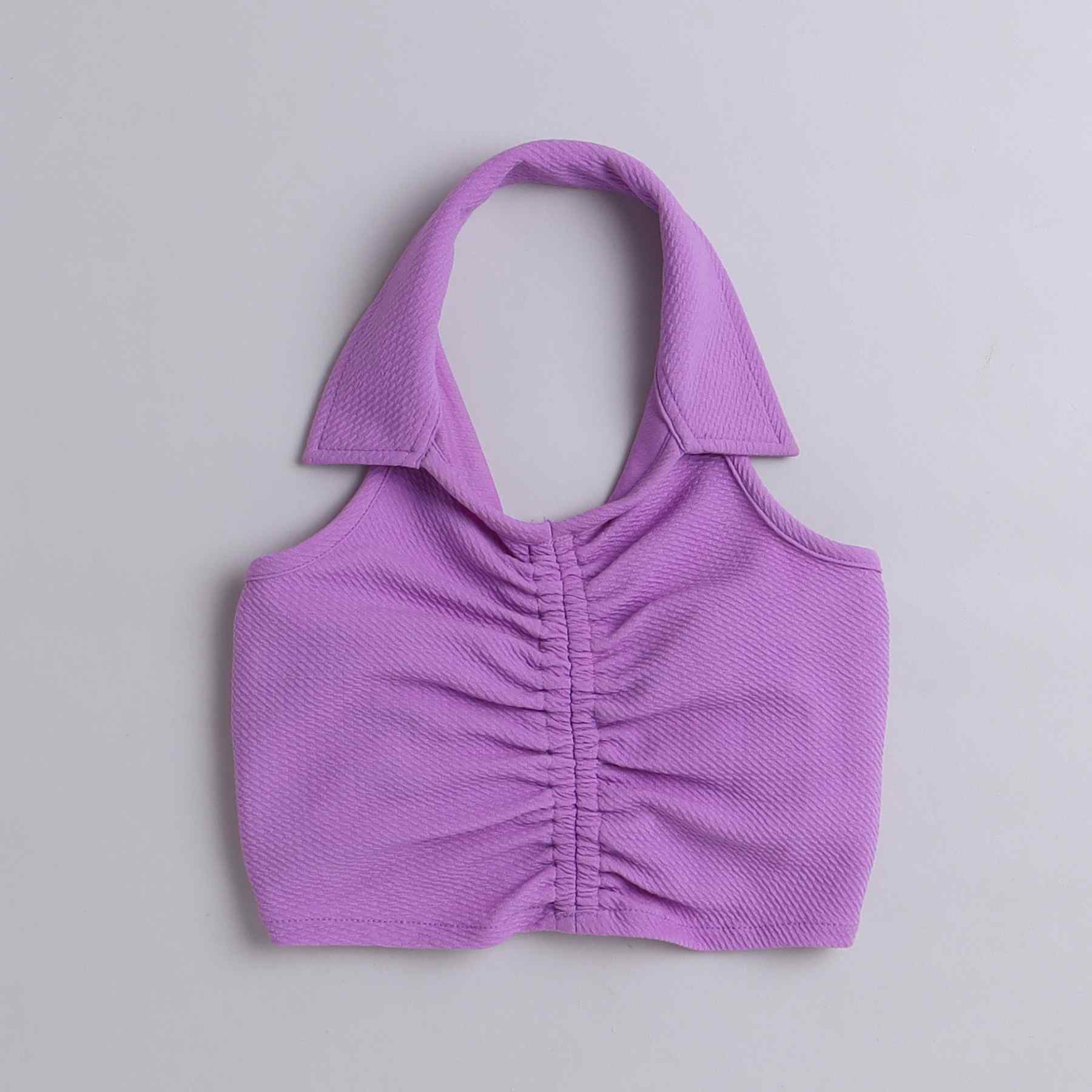 front ruched collar detail halter neck textured crop top-Purple