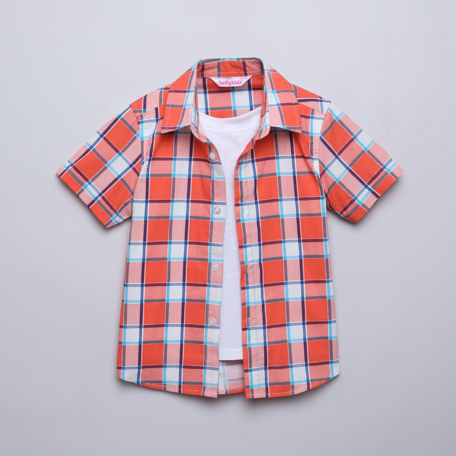 100% cotton Checkered half sleeves shirt with attached tee-Orange/Multi