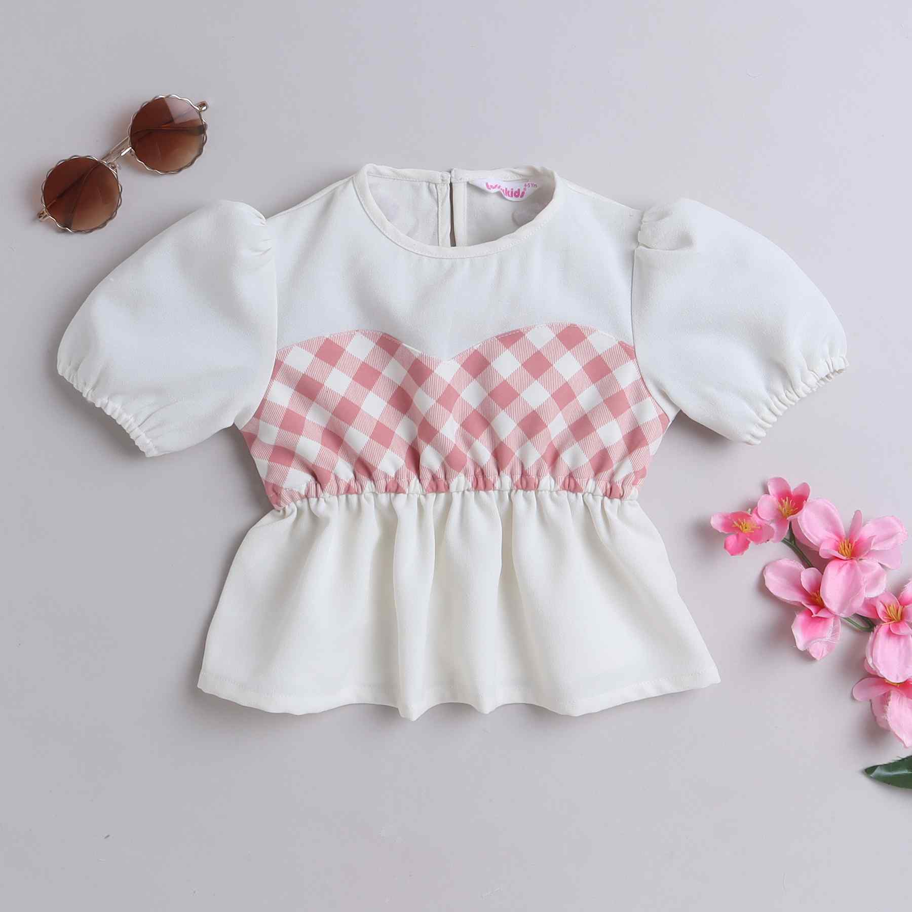 checks patch work half sleeves peplum crop top-White/Pink