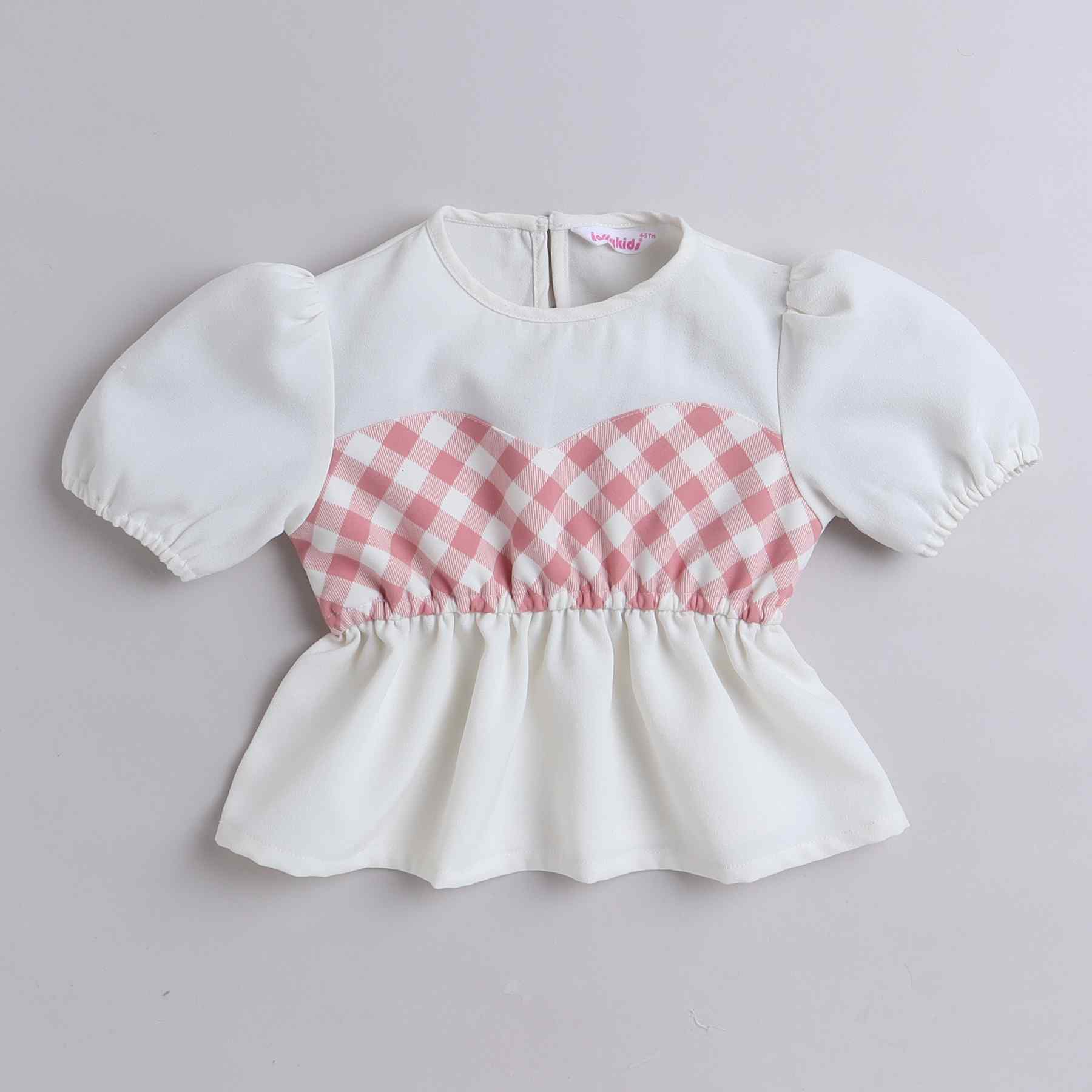 checks patch work half sleeves peplum crop top-White/Pink