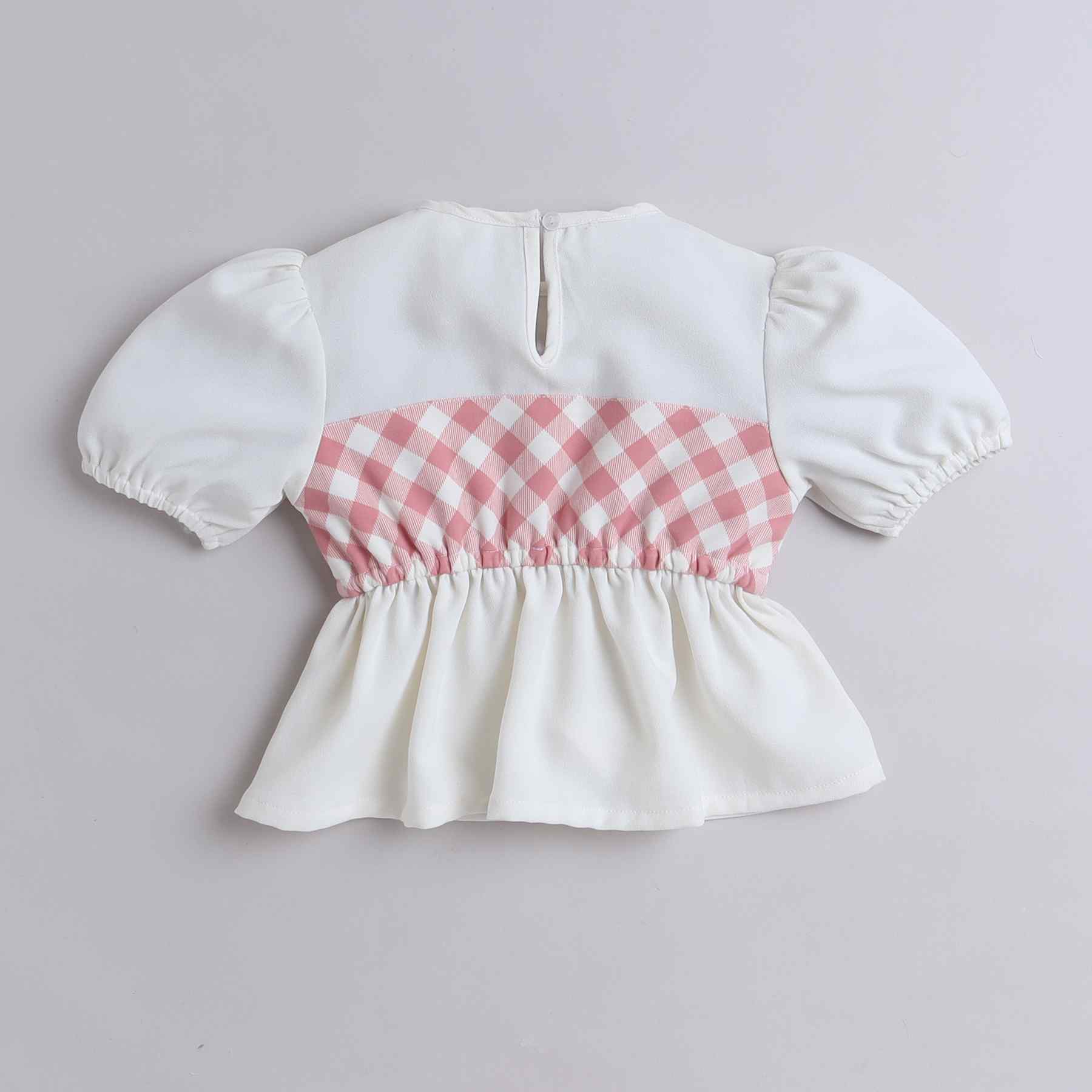 checks patch work half sleeves peplum crop top-White/Pink