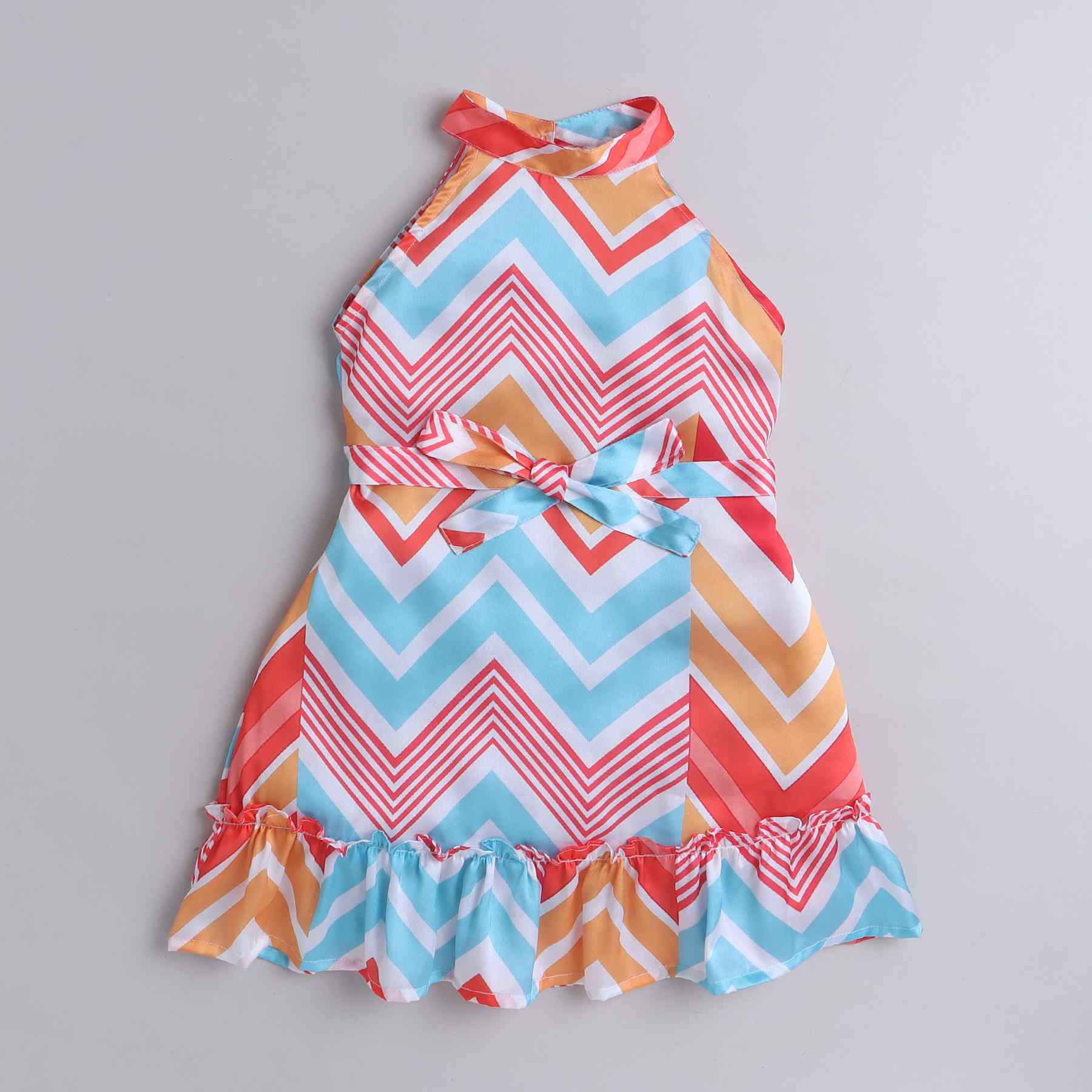 geometric printed Sleeveless halter A-line dress with tie-up belt-Multi