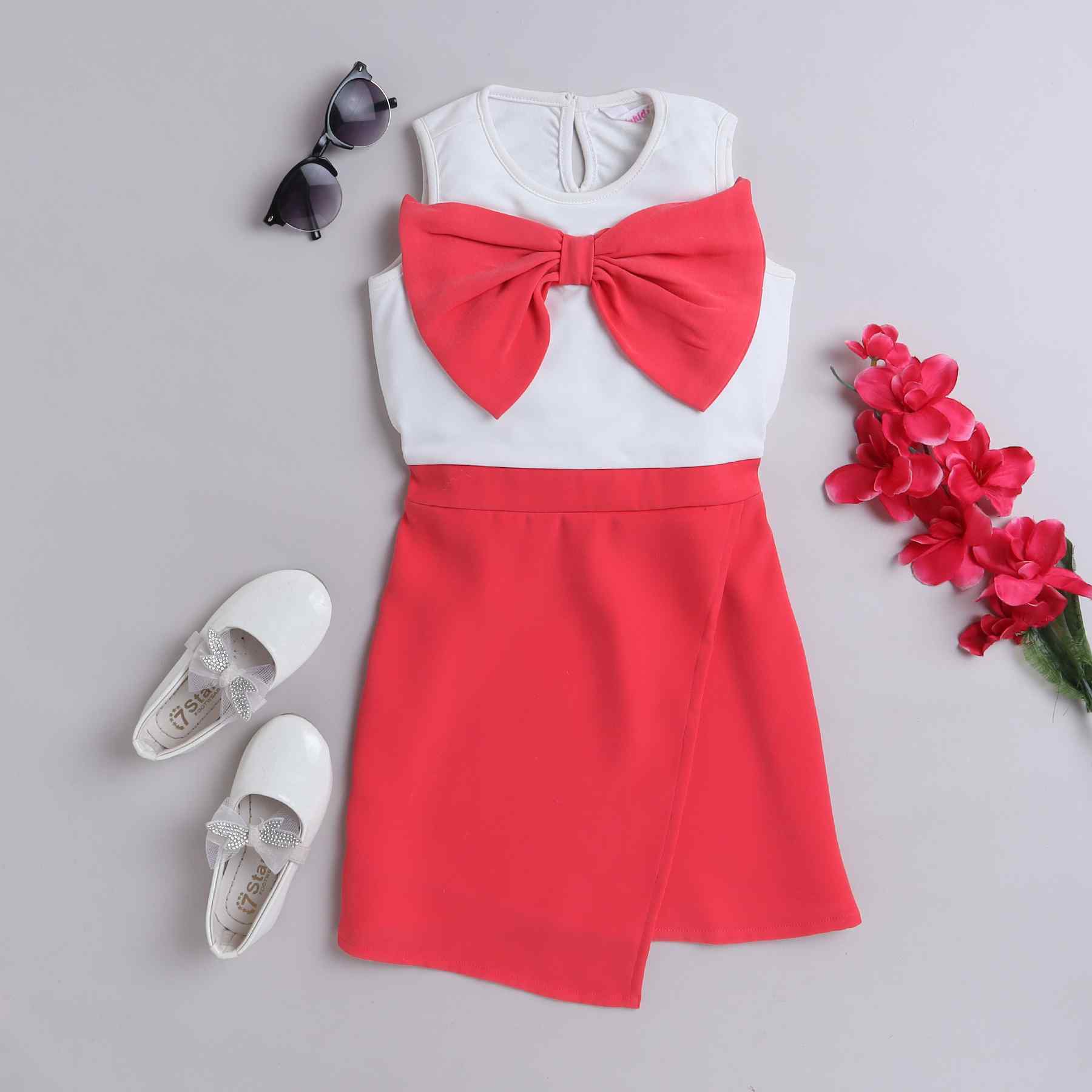 color block bow detail sleeveless Dress-White/Coral