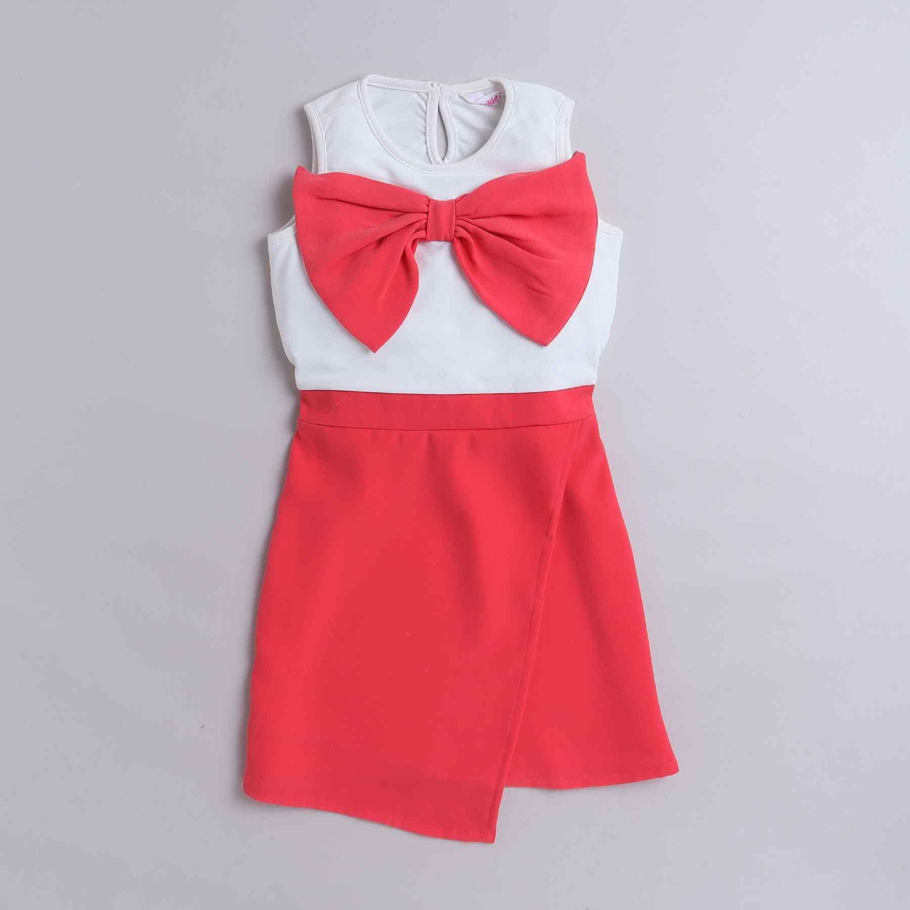 color block bow detail sleeveless Dress-White/Coral