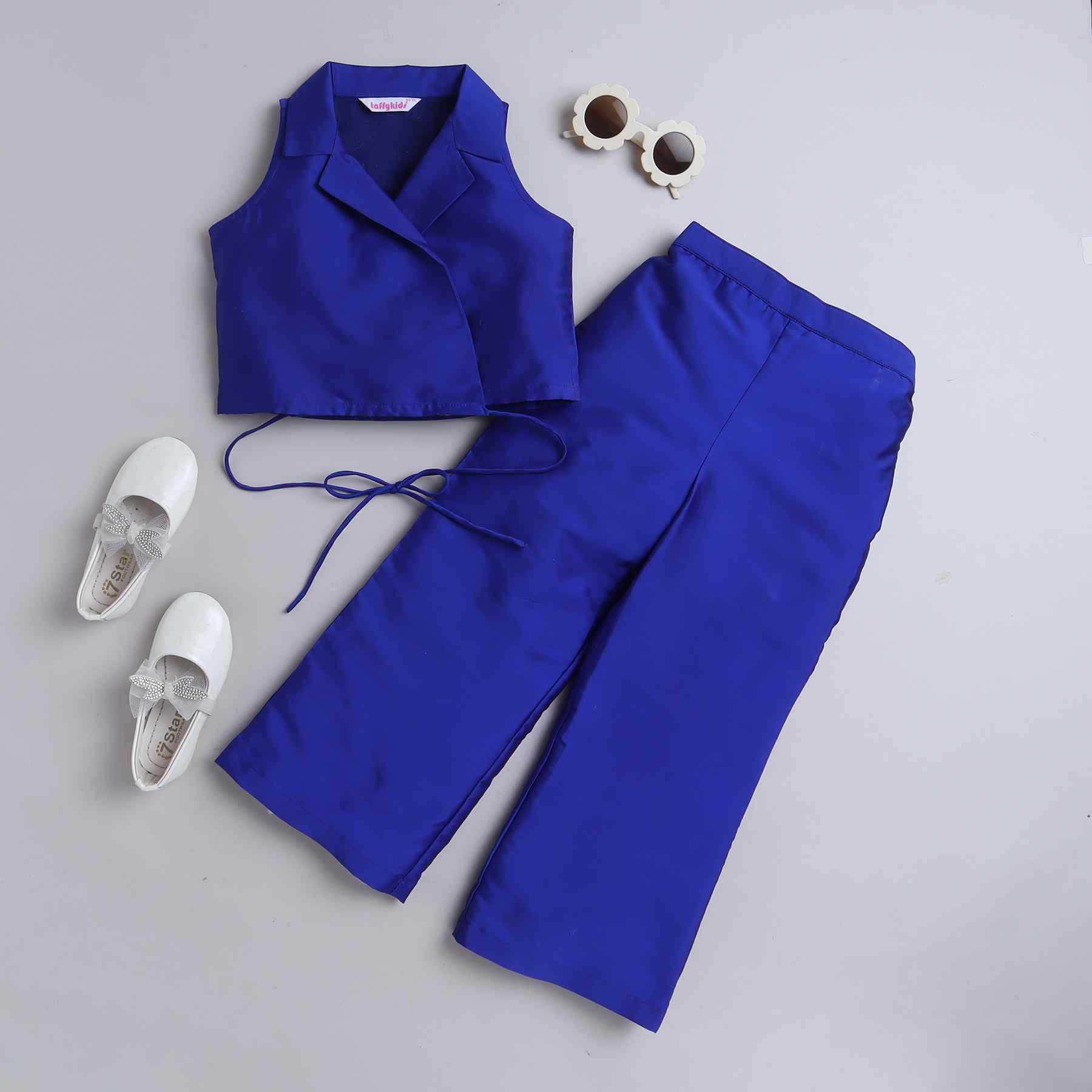 sleeveless crop blazer with waist tie-up and matching pant co-ord set- Blue