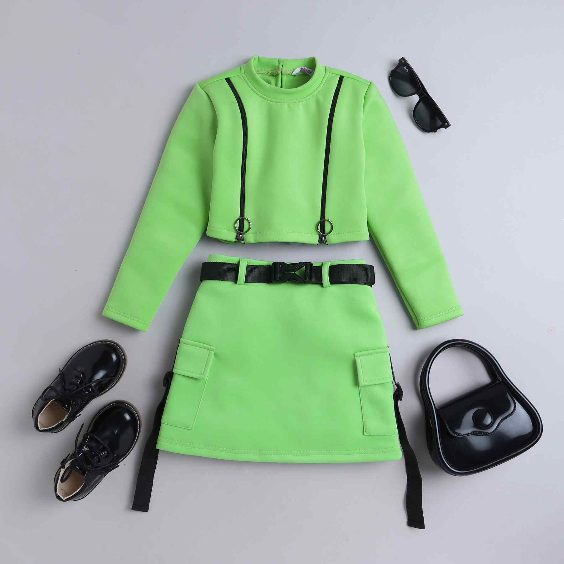 zipper detail full sleeves crop top and tape detail skirt set-Neon green