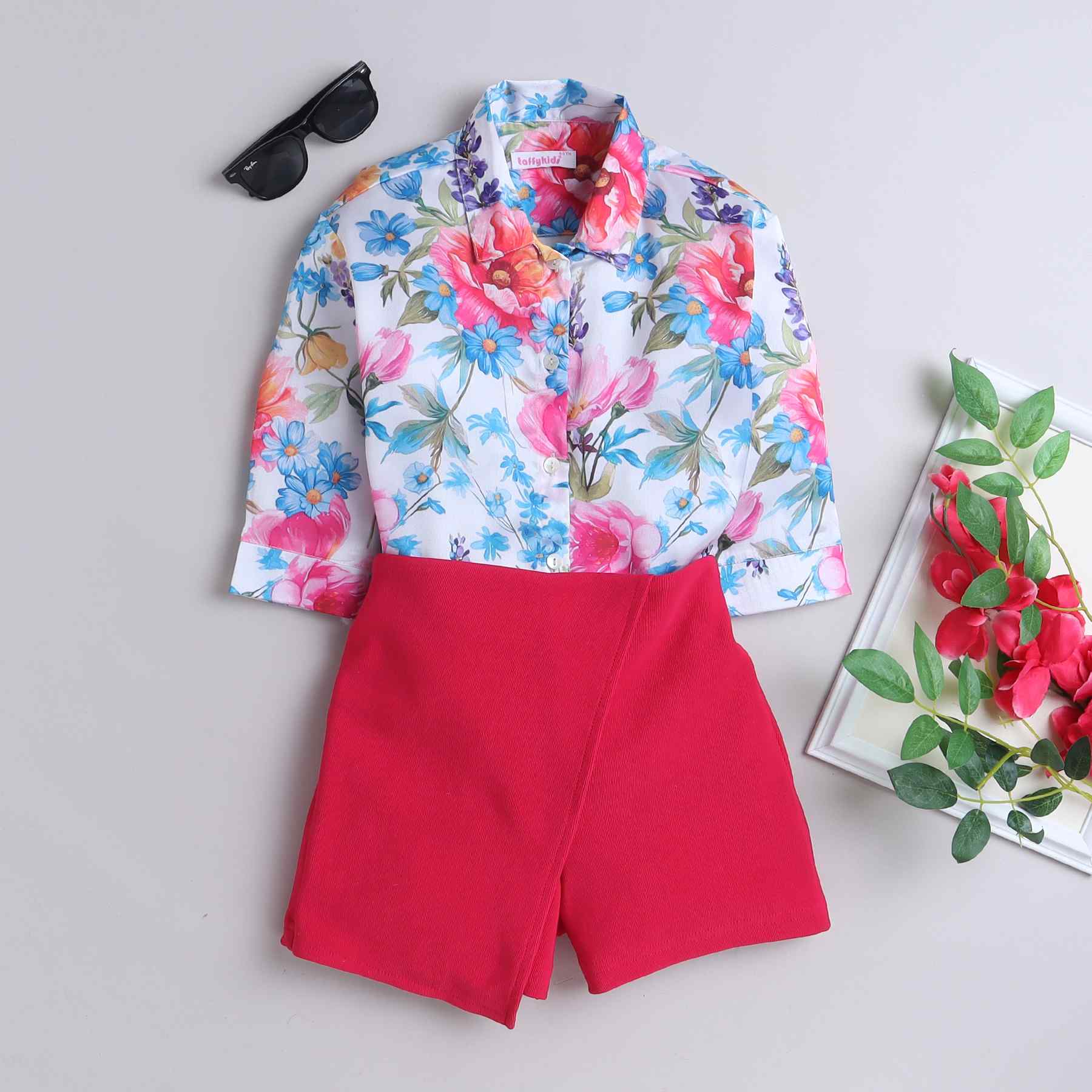 floral printed satin oversize shirt and skort set-Pink/multi