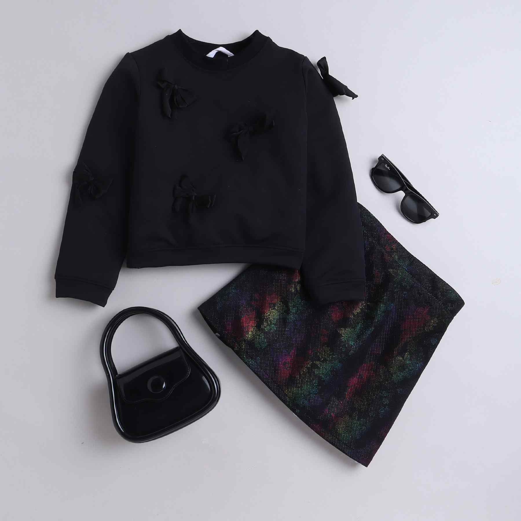 ribbon bow detail party sweatshirt and foil floral printed skirt set-Black/Multi