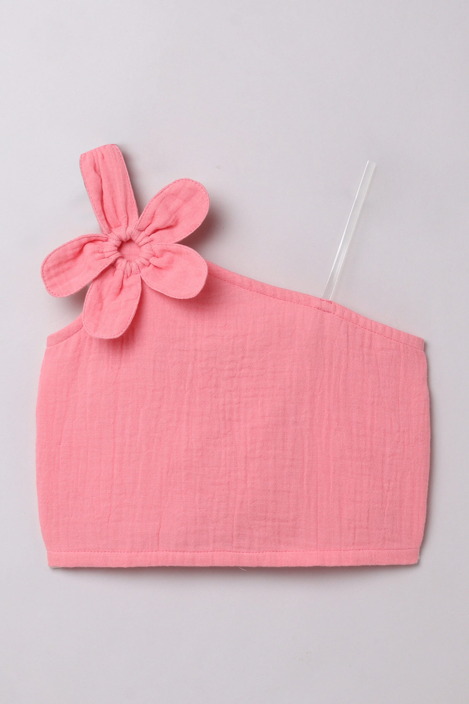 100% cotton sleeveless Flower detailed one shoulder crop top- Peach