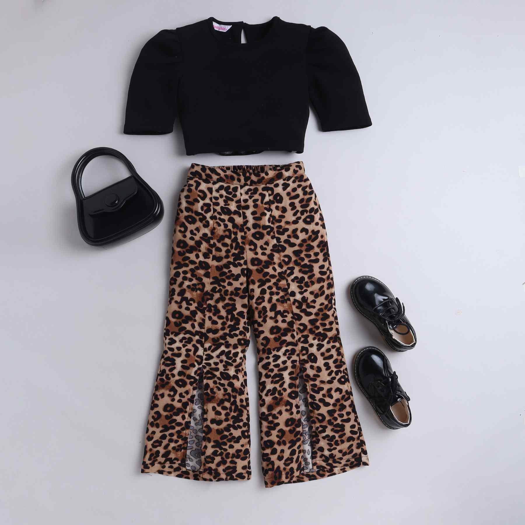 textured puff sleeve crop top and animal printed slit bell bottom pant set-Black/Brown