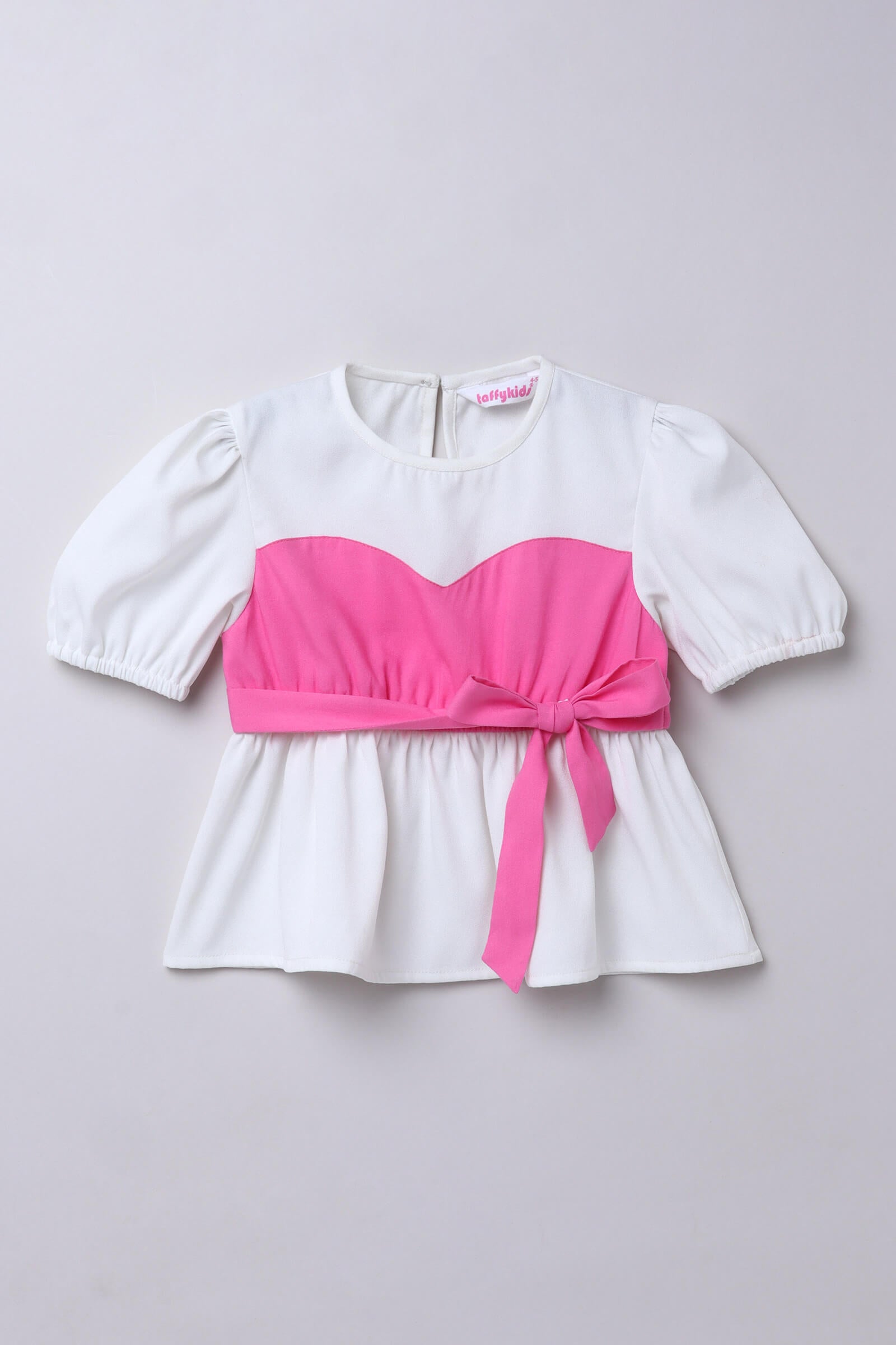 Color-block half sleeves peplum Top- Pink & White