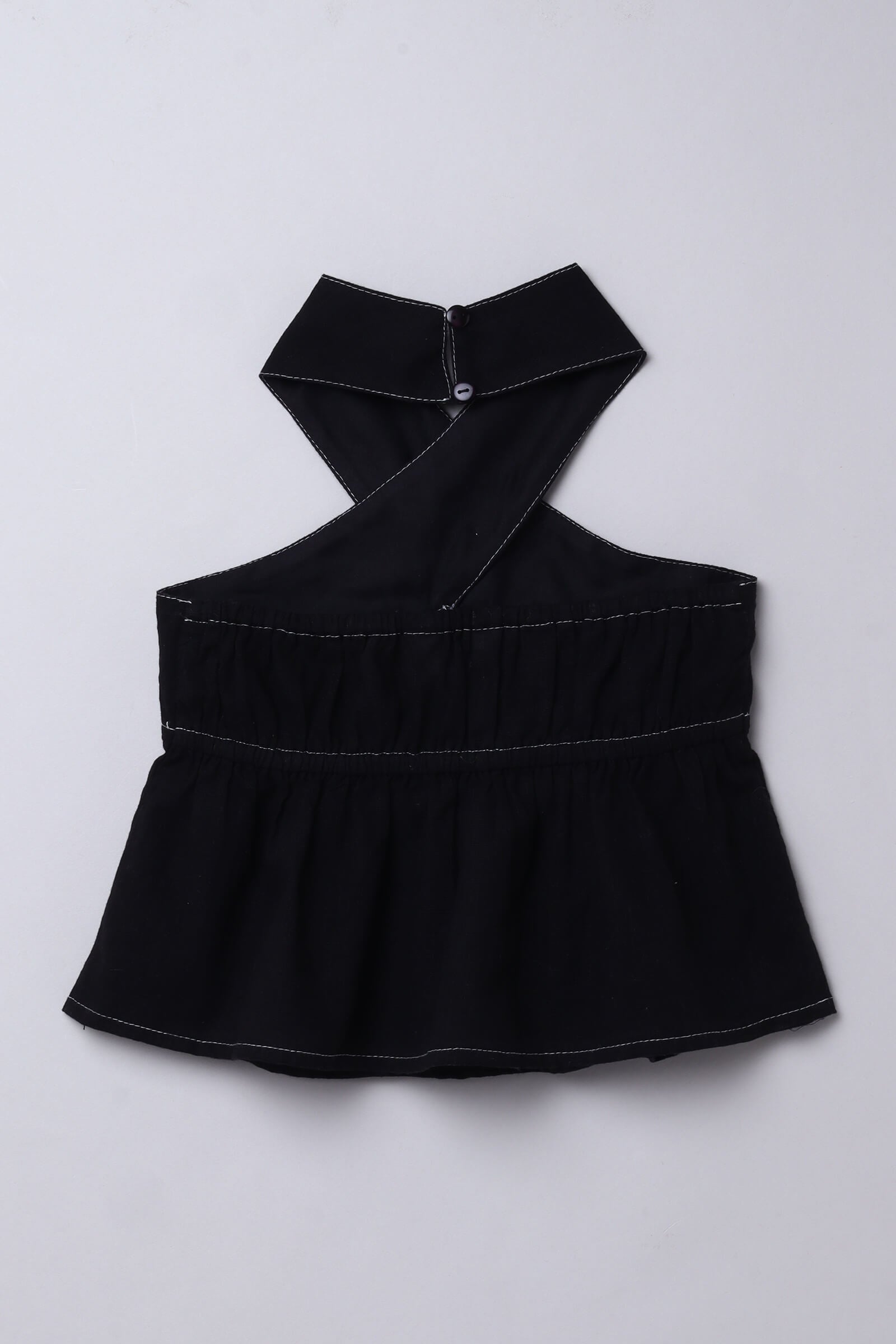 Sleeveless solid stitch detailed halter neck peplum top-Black