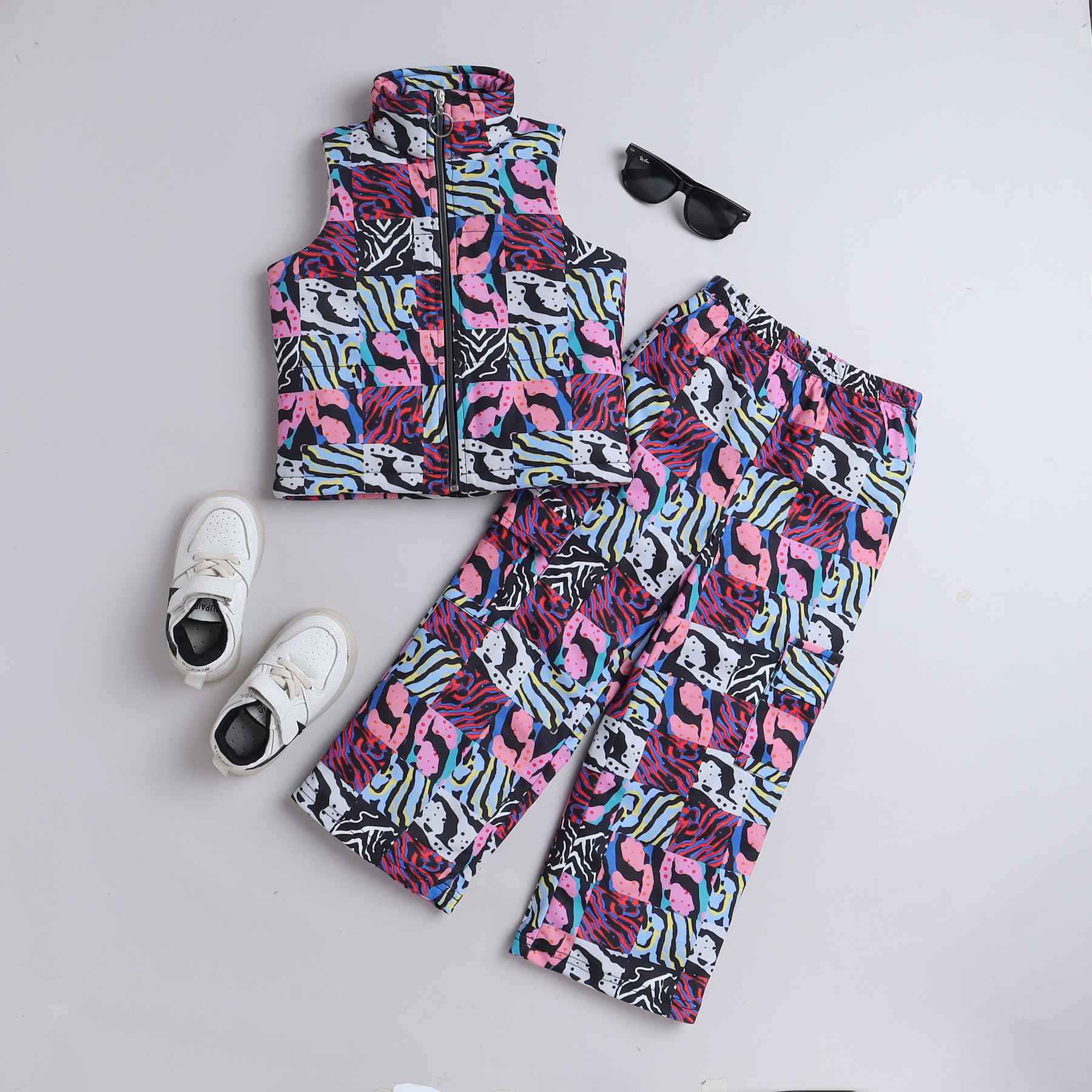 patch work printed sleeves turtle neck zip up top and matching pant set-multi