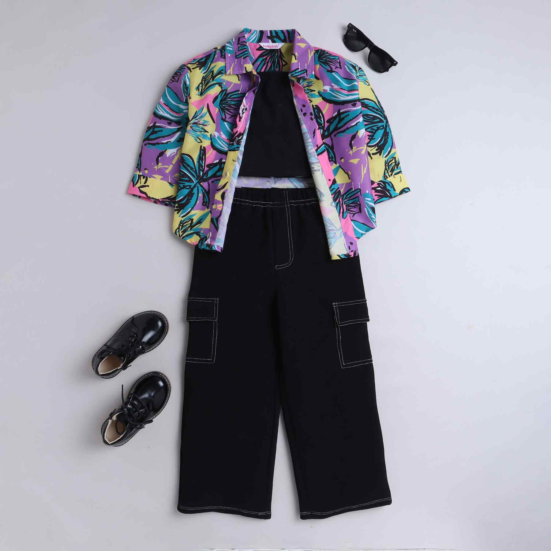 tropical printed full sleeves oversize shirt with stitch detail cargo pant and singlet crop top set-Black/Multi