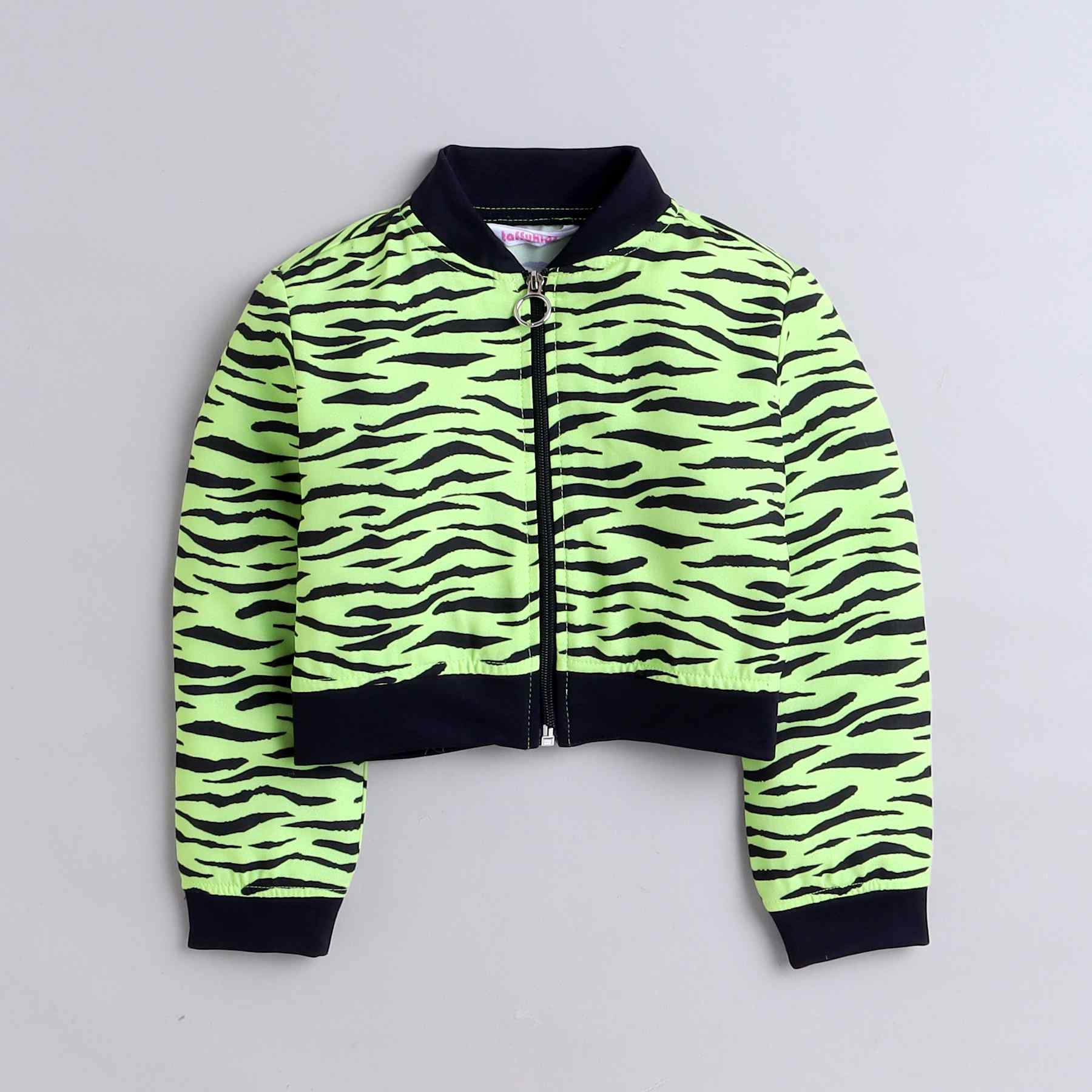 animal printed full sleeves bomber jacket with matching skort and singlet crop top set-Neon green/Black