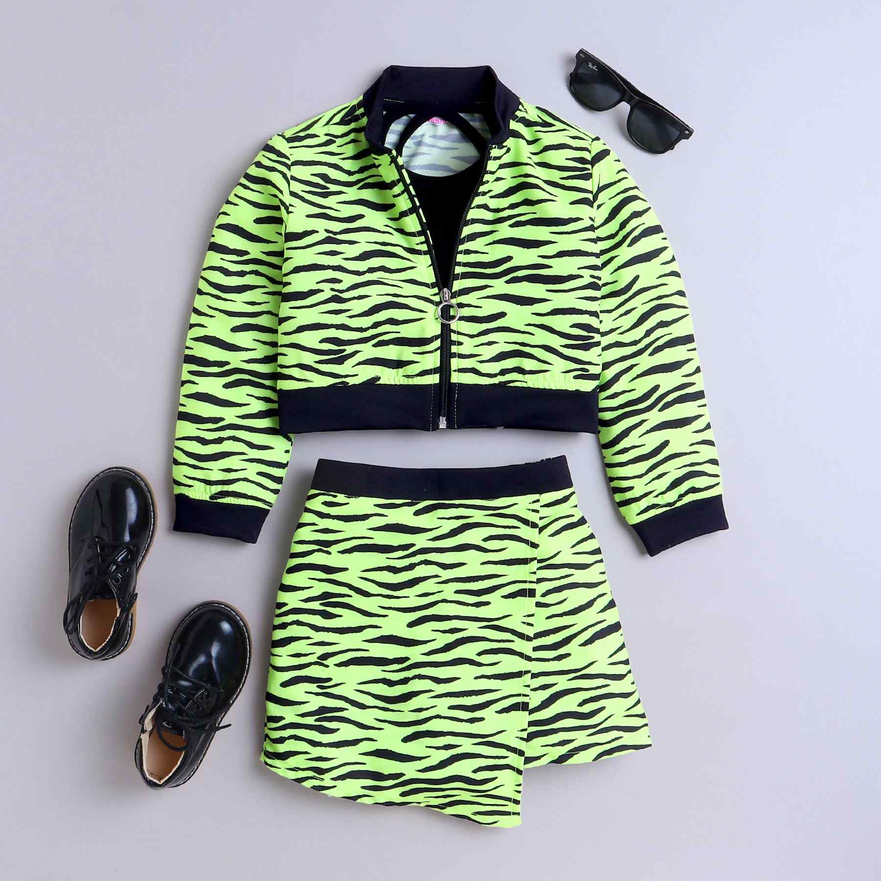 animal printed full sleeves bomber jacket with matching skort and singlet crop top set-Neon green/Black