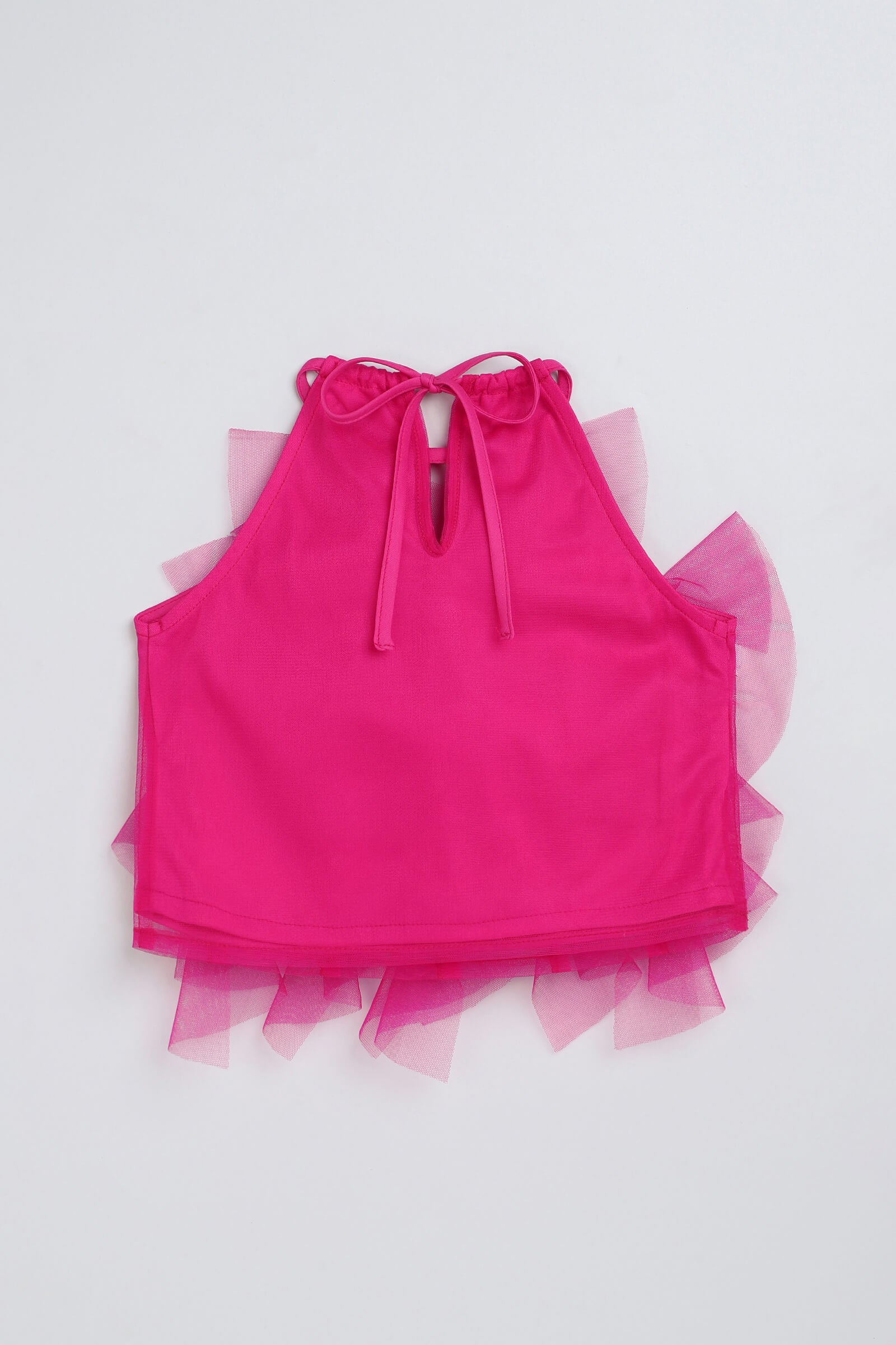 Net knit sleeveless  Ruffle Aline crop top- Pink