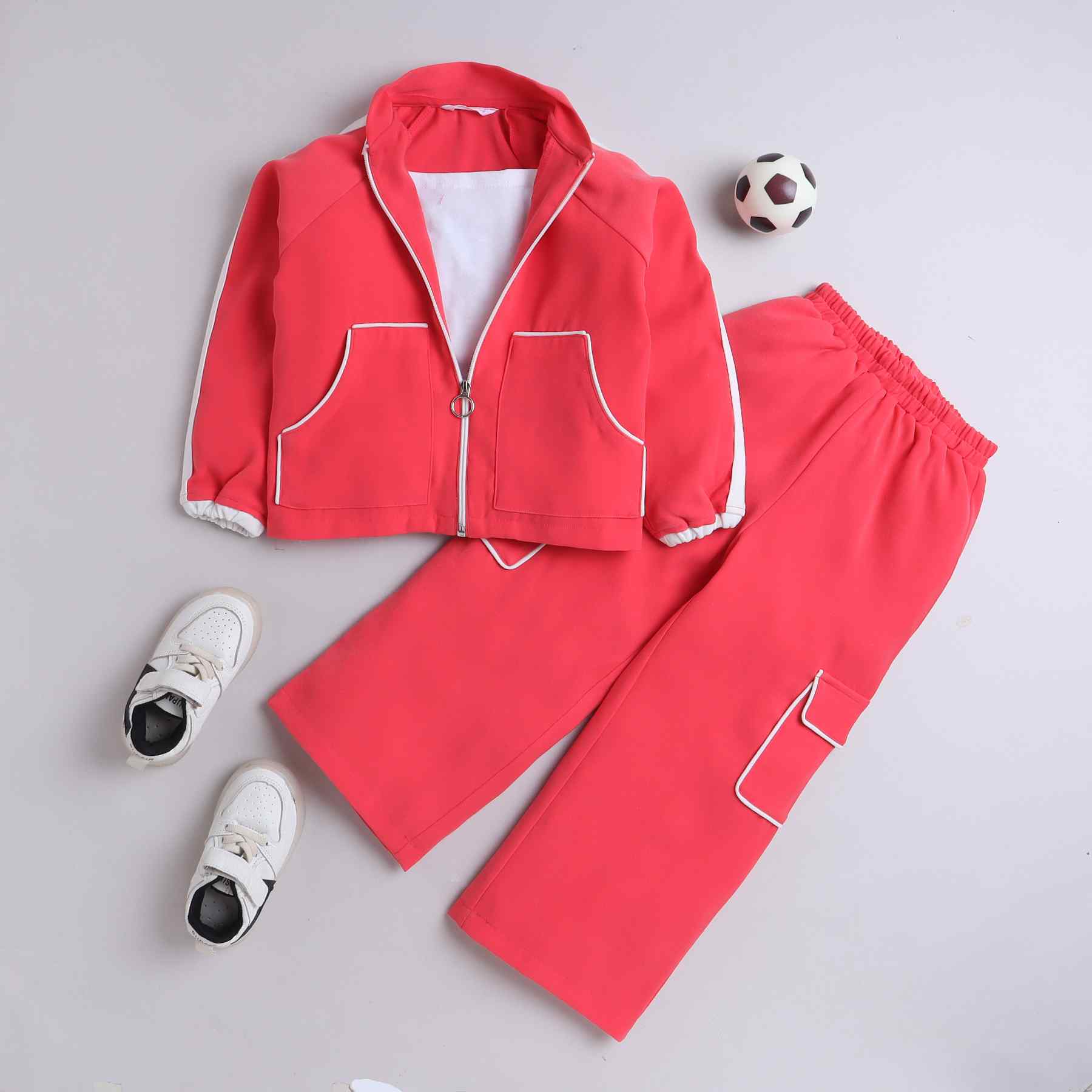 applique full sleeves pocket detail jacket with matching cargo pant and solid Singlet crop top set-Coral /white