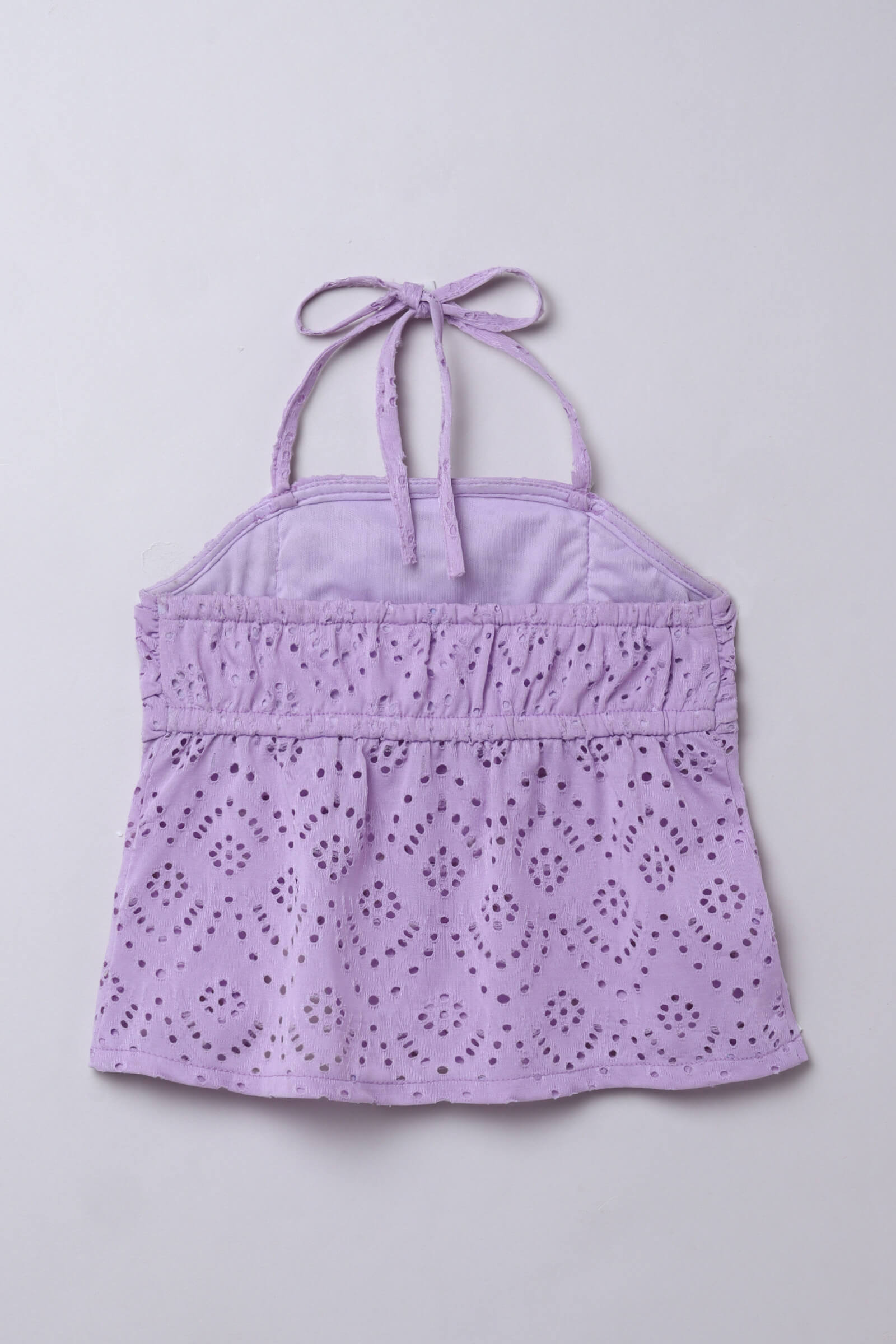 knitted schiffli sleeveless ruched slit peplum top and flared pant set- Lilac