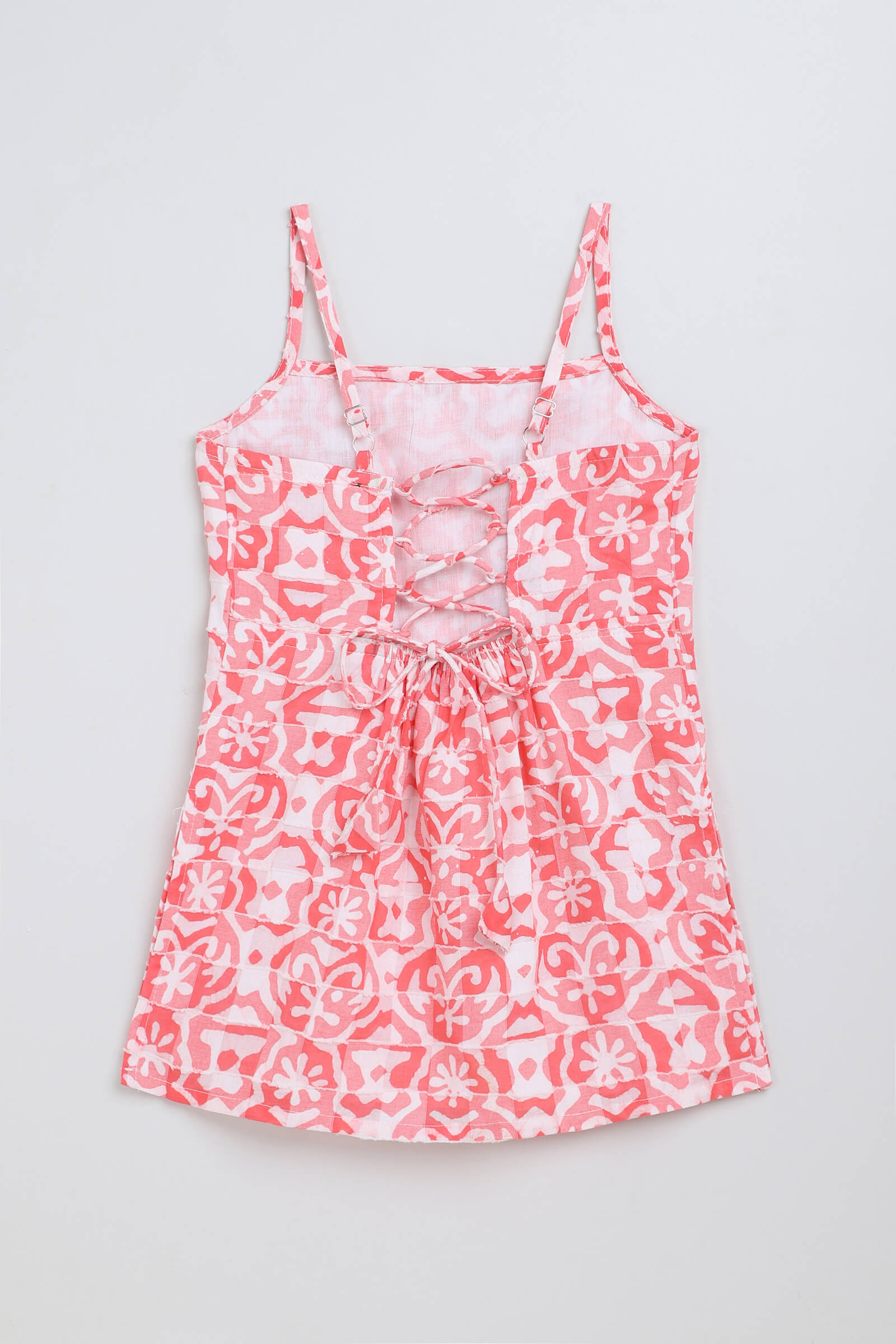 100% cotton woven sleeveless Abstract Printed back tie up top- Red & white