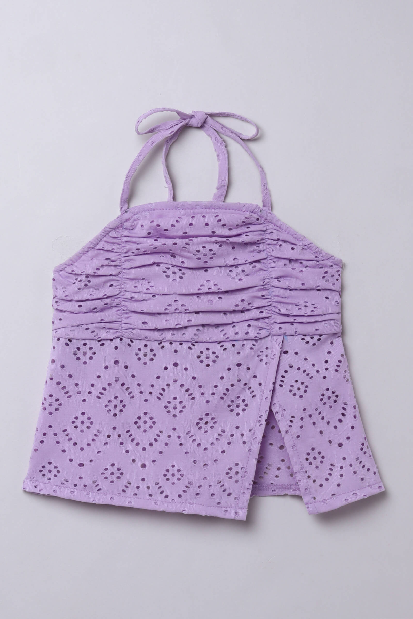 knitted schiffli sleeveless ruched slit peplum top and flared pant set- Lilac