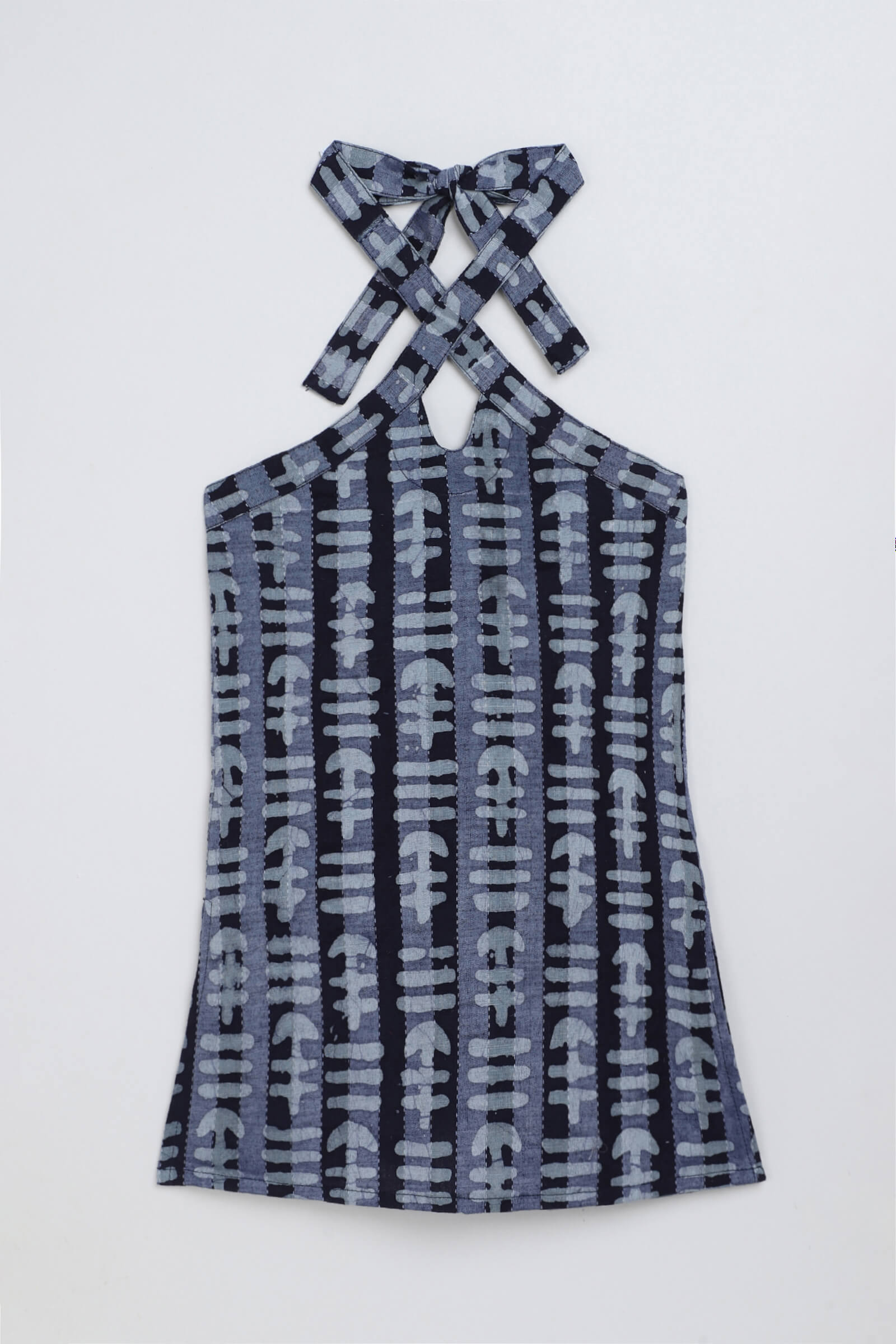 100% cotton woven sleeveless abstract printed cut out detail Top-Navy