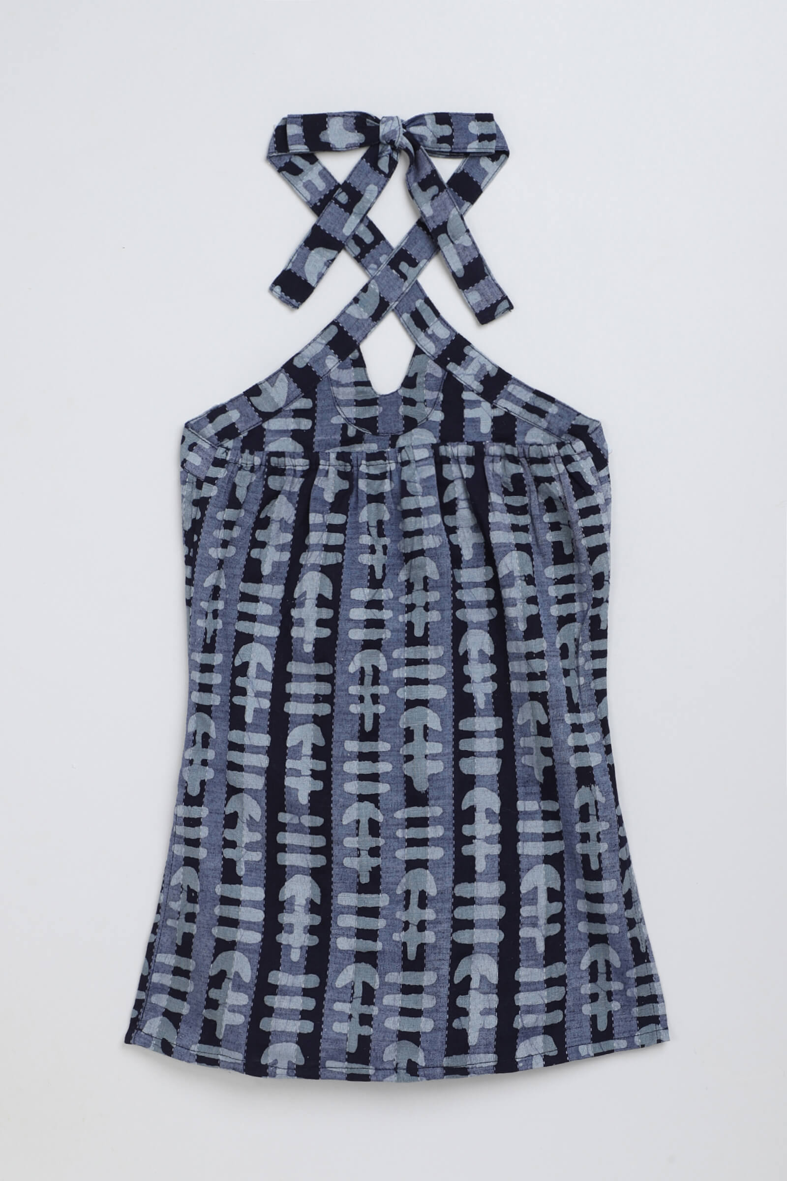 100% cotton woven sleeveless abstract printed cut out detail Top-Navy