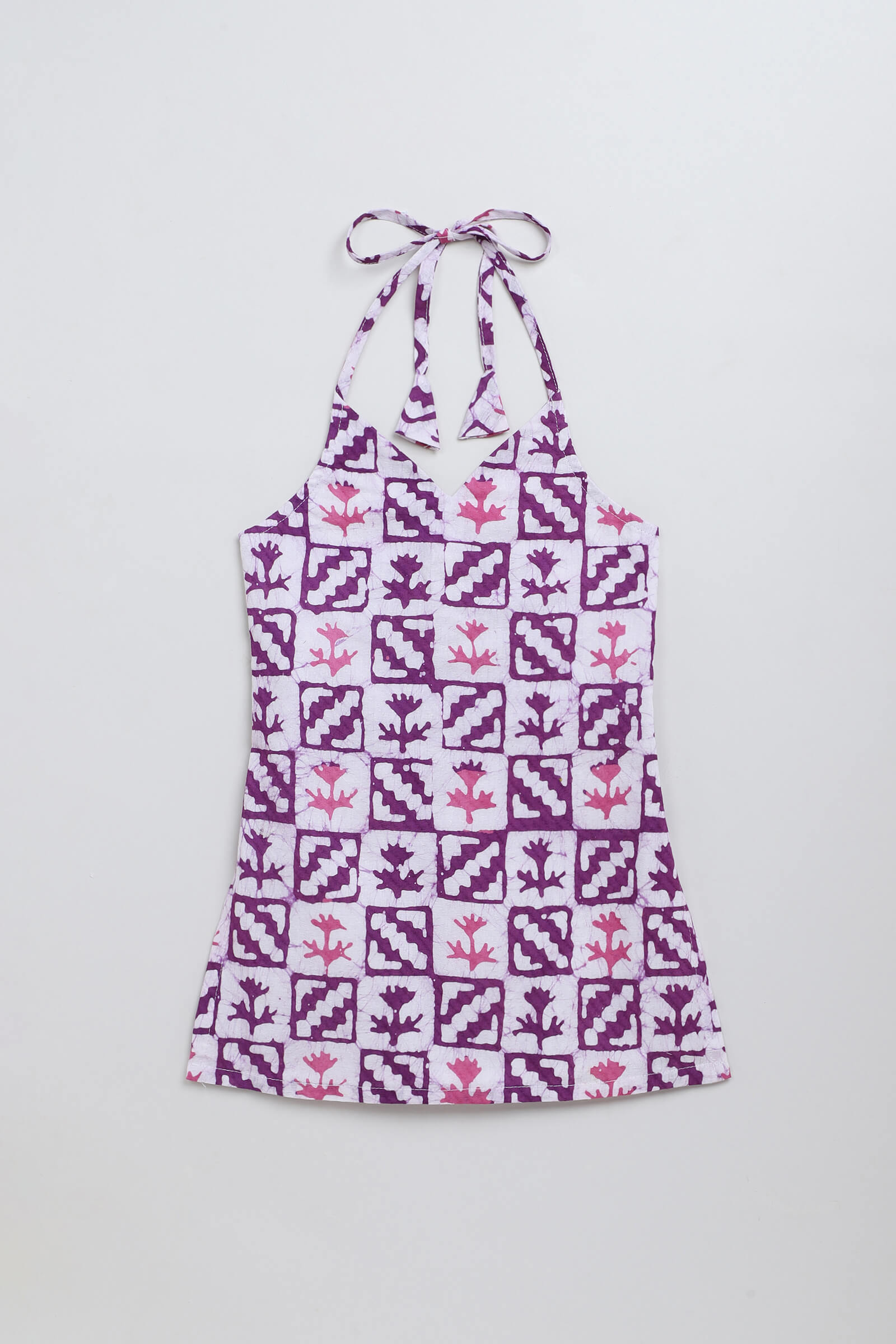 100% cotton sleeveless abstract checks printed back tie up top- Purple