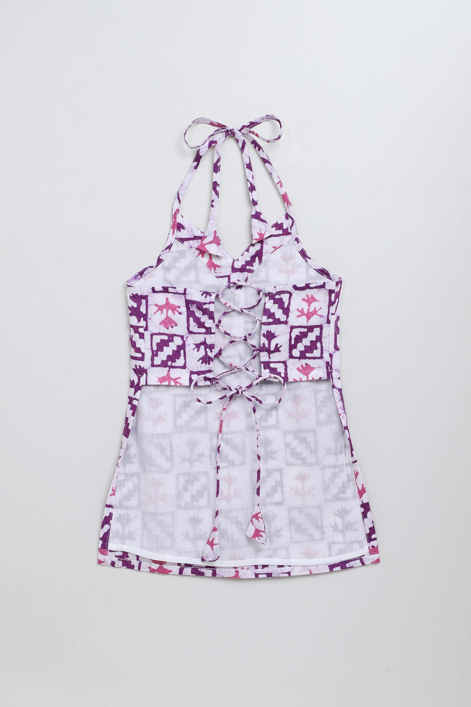 100% cotton sleeveless abstract checks printed back tie up top- Purple