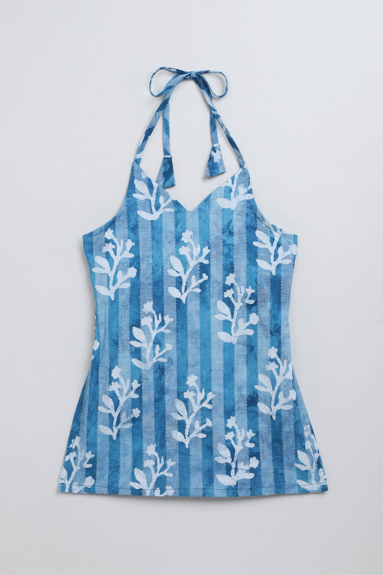 100% cotton woven sleeveless tie dye printed back tie up top- Blue