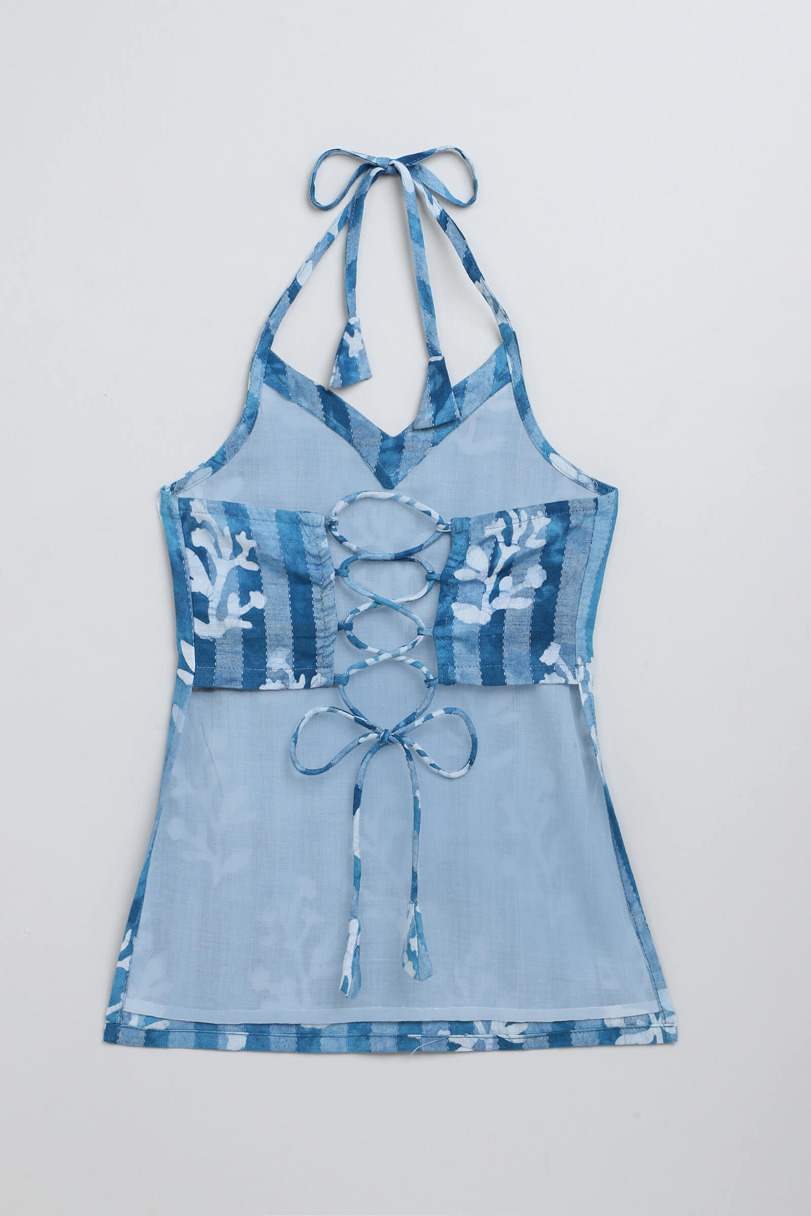 100% cotton woven sleeveless tie dye printed back tie up top- Blue
