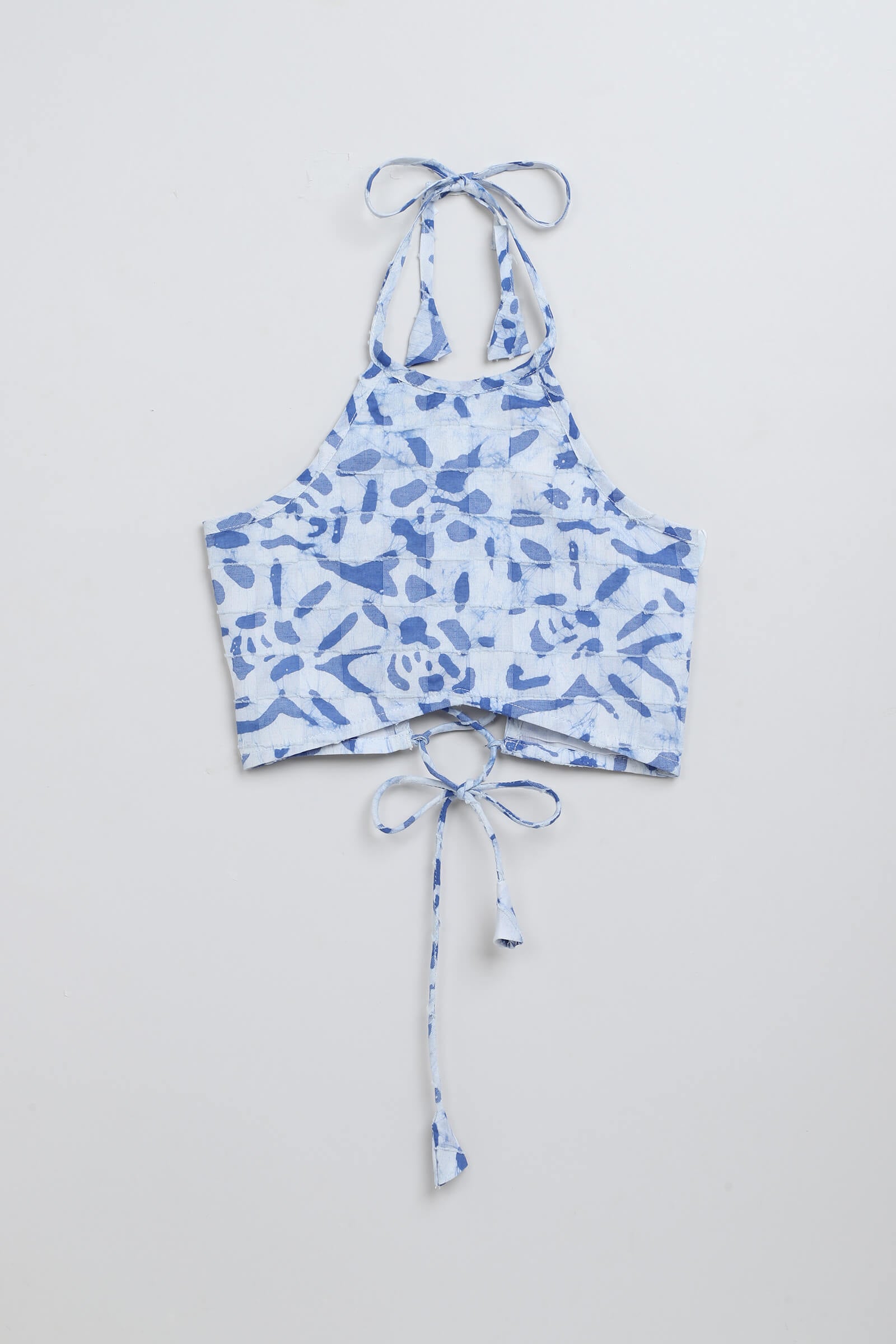100% cotton woven sleeveless batik printed back tie up crop top- White & Blue