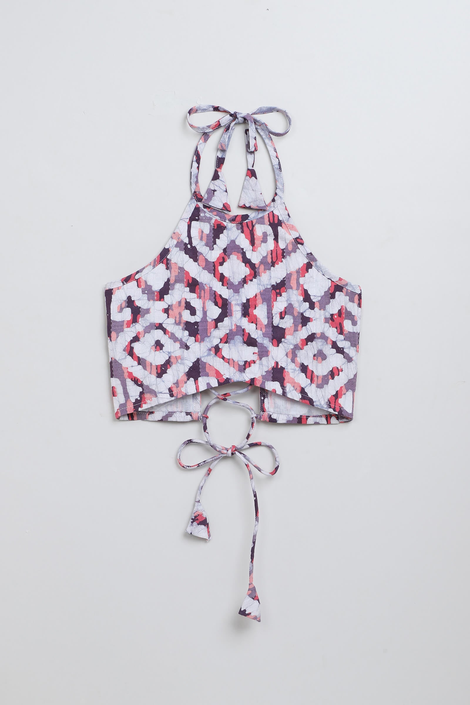 100% cotton woven sleeveless batik printed back tie up crop top- Multi