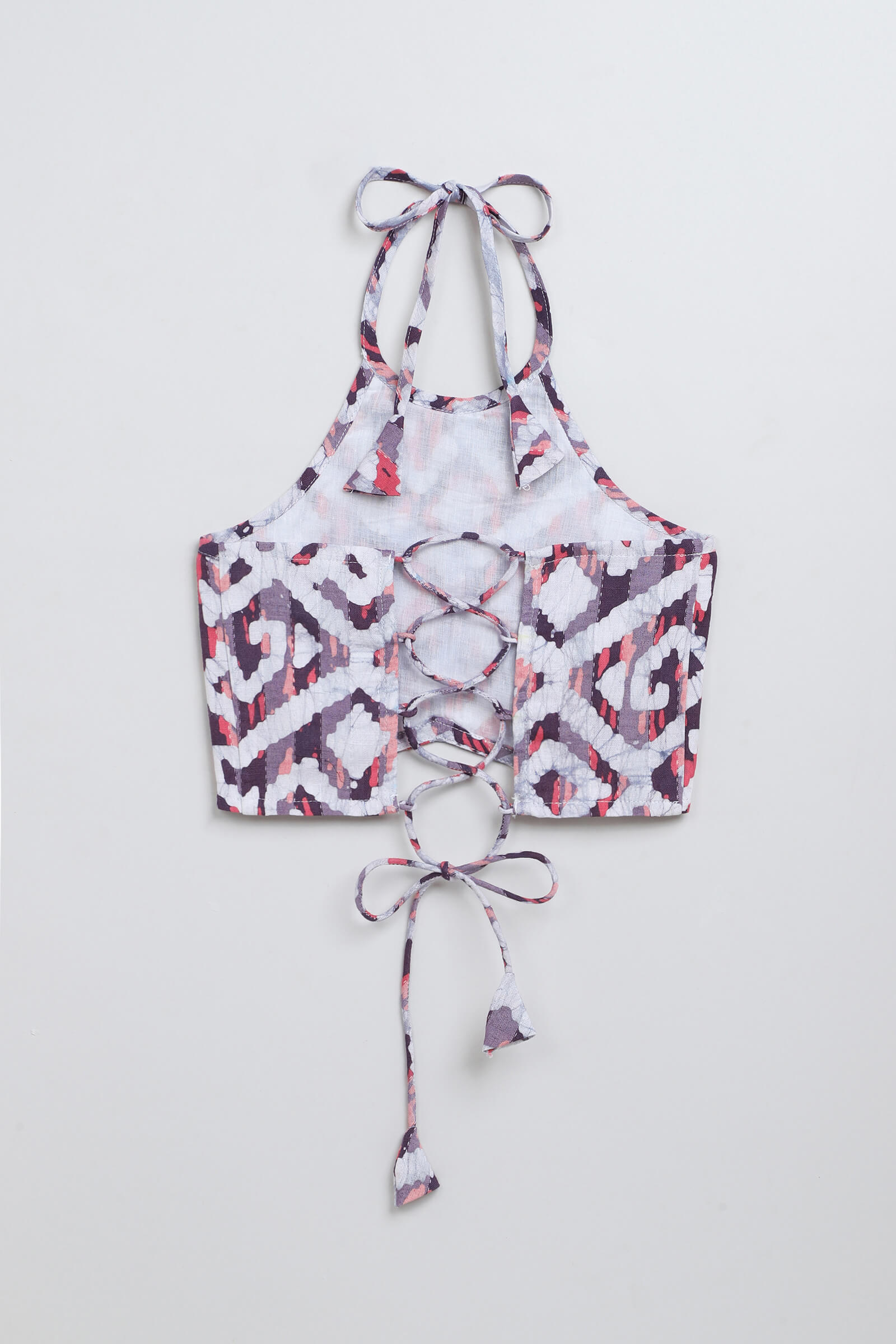 100% cotton woven sleeveless batik printed back tie up crop top- Multi