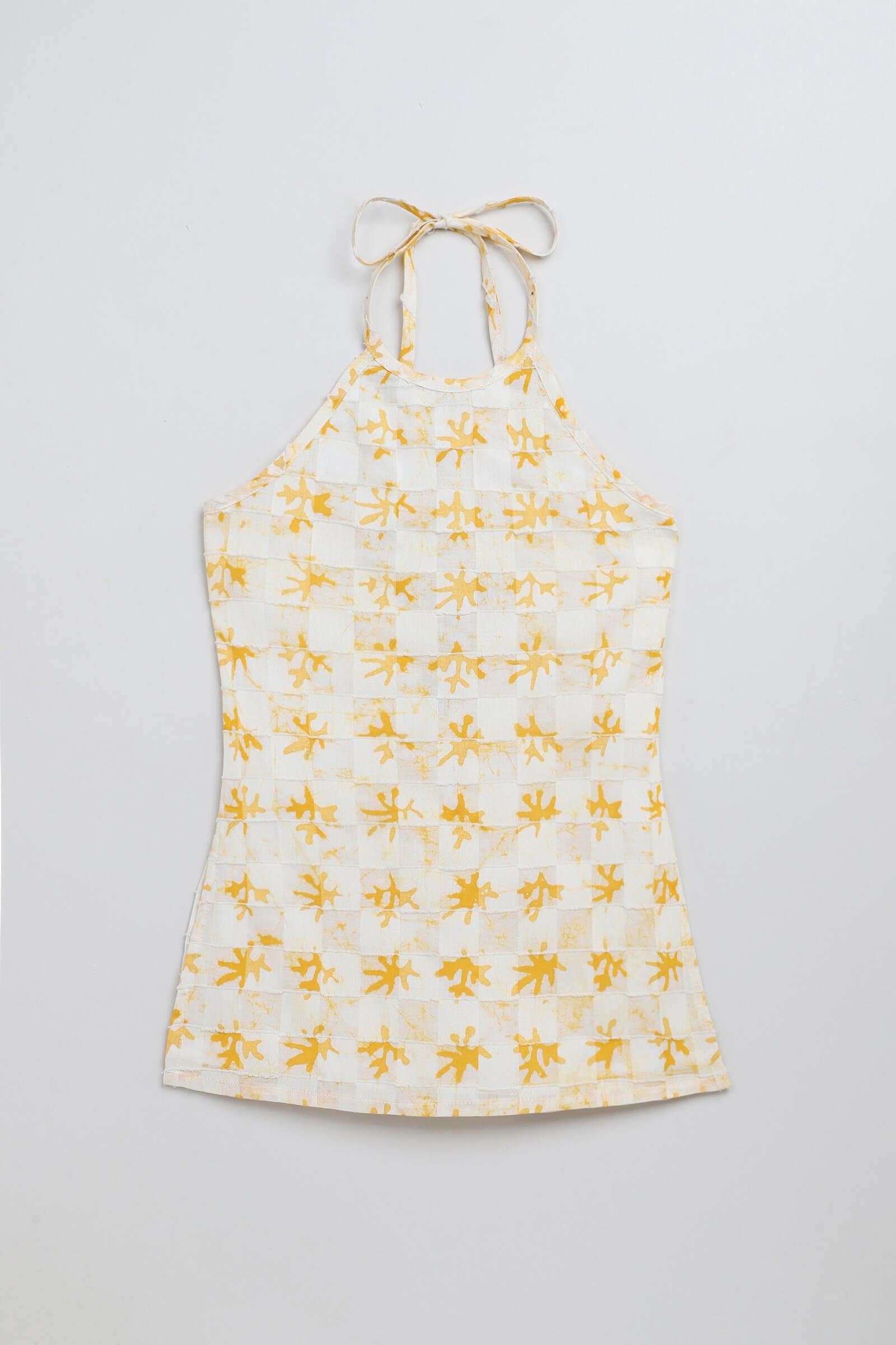 100% cotton woven sleeveless abstract printed halter neck Top-Yellow