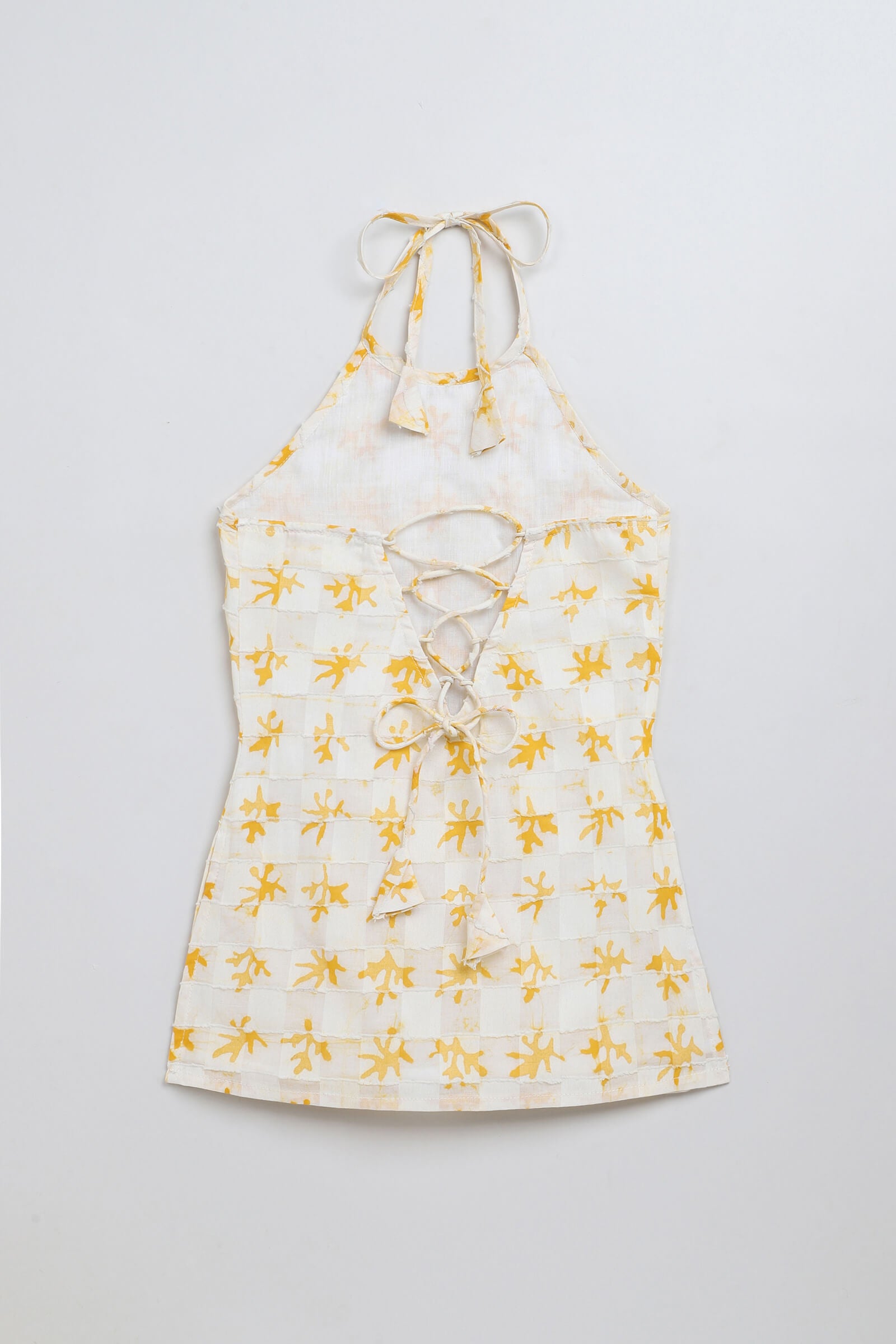 100% cotton woven sleeveless abstract printed halter neck Top-Yellow