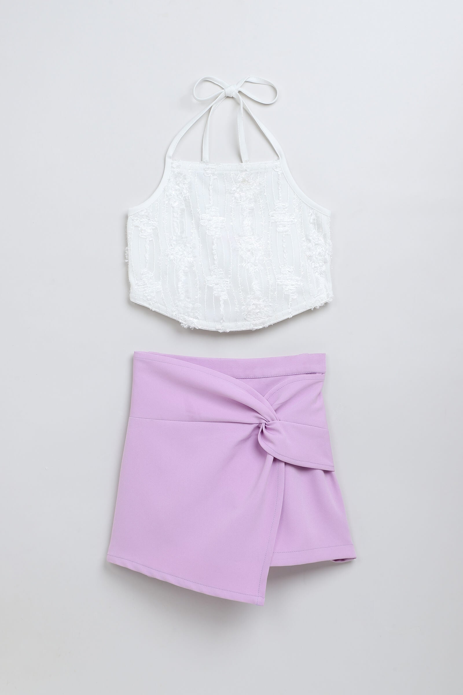 knit sleeveless embroidered halter neck crop top and twist detail skort set- White & Lilac