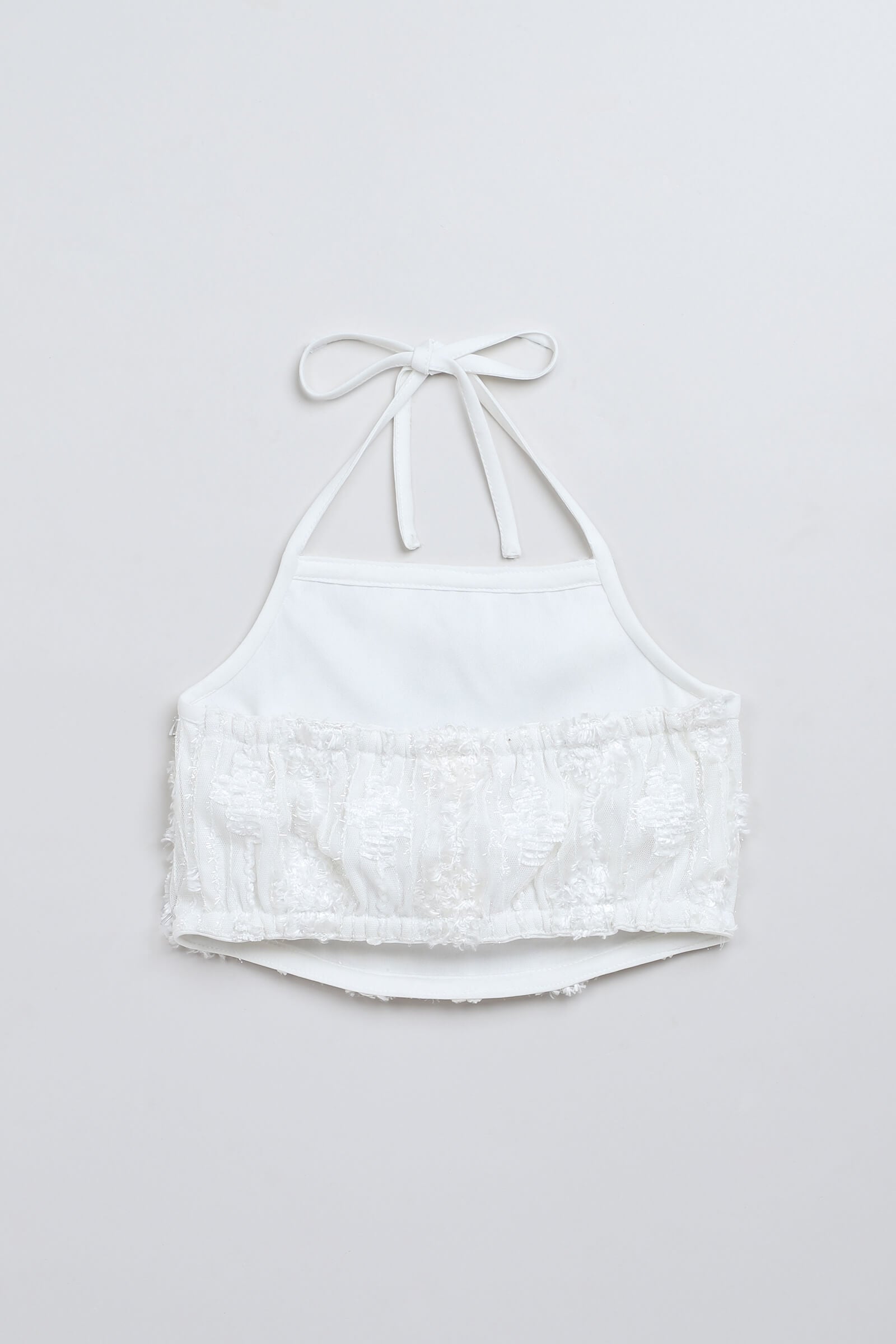 knit sleeveless embroidered halter neck crop top and twist detail skort set- White & Lilac